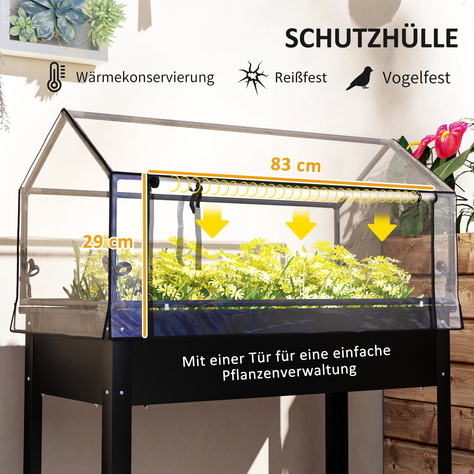 Verhoogde Tuinbak met Kasdak, Verhoogde Plantenbak met Afvoergaten, 100 x 48 x 124 cm, Zwart