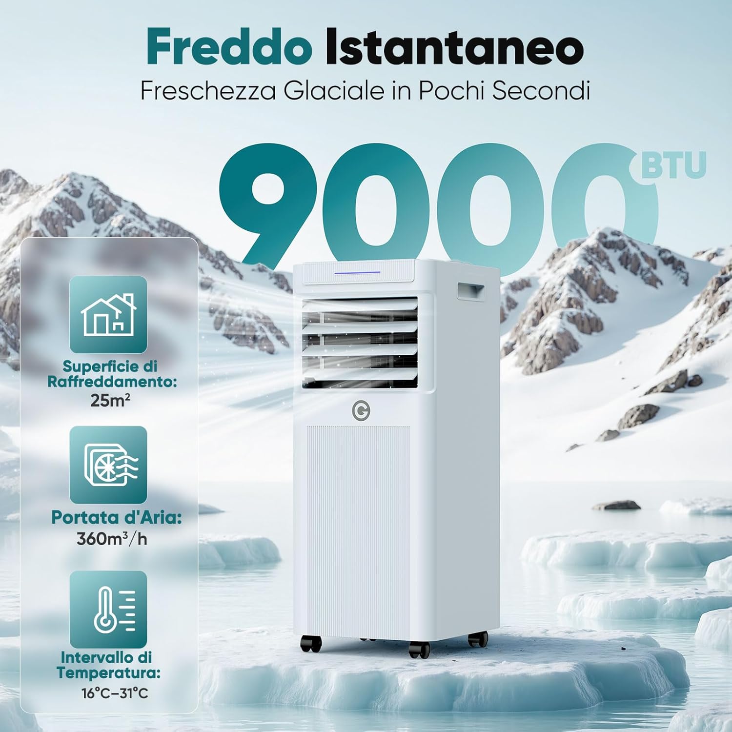 Condizionamento Portatile 9000 BTU con Deumidificatore 4 in 1, Ventilatore di Raffreddamento a 2 Velocità, Display Digitale e Telecomando, Kit Finestra, Timer 24 Ore Per Stanze Fino a 25 m2/78m3