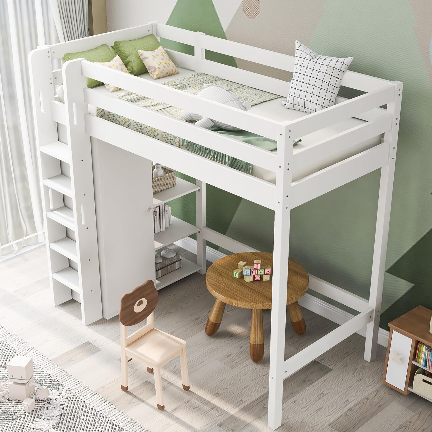 Hochbett Kinderbett 90x200 cm mit Kleiderschrank, Etagenbett Bett mit Stauraum Regalen, Einzelbett mit Leiter und Rausfallschutz, Jugendbett mit Lattenrost, Ohne Matratze, Weiß