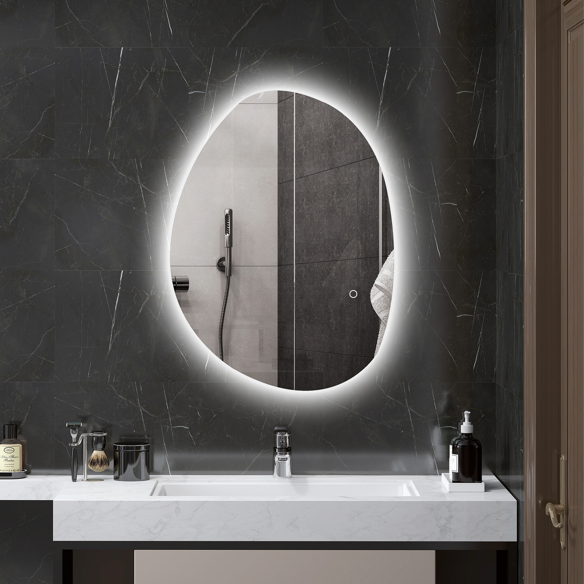 HOMCOM 70 x 50 cm Asymmetrischer Badspiegel mit LED-Licht, Smart Touch Schalter, Anti-Beschlag-Funktion, Silber