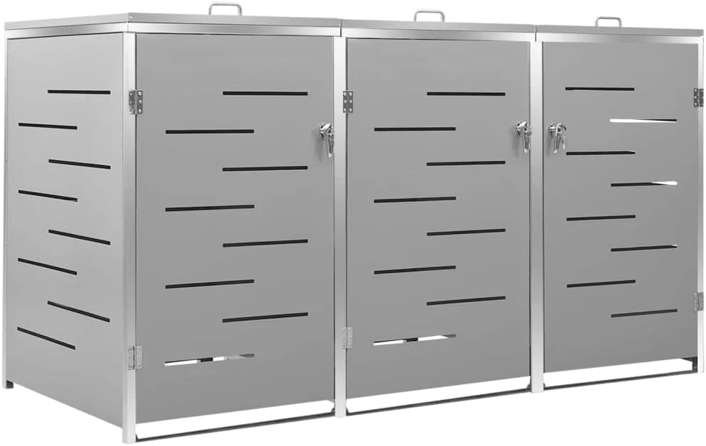 Hommdiy Mülltonnenbox, 207x77,5x115 cm, Edelstahl, Grau, für 3 Tonnen Edelstahl, Mülltonnenverkleidung Gartenbox Müllcontainer