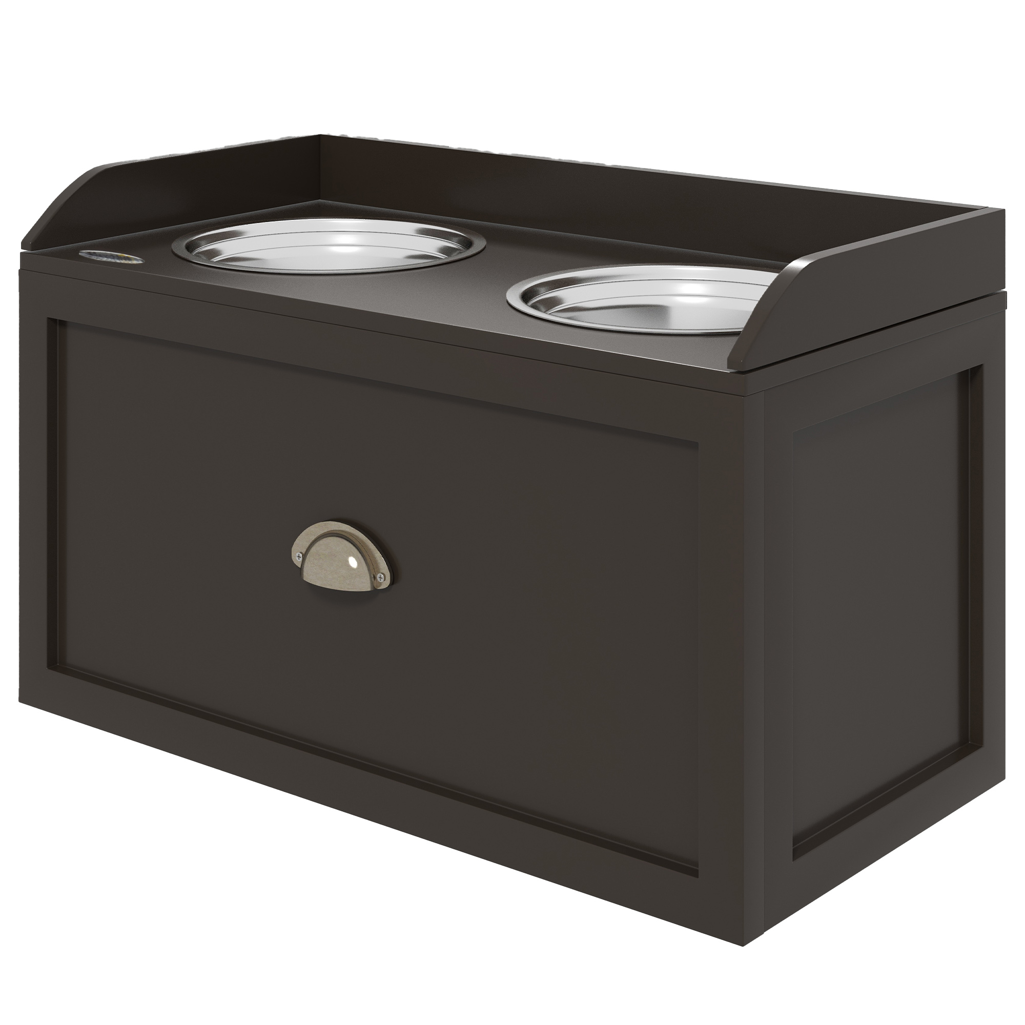 PawHut Futterstation Erhöhte Fressnäpfe 2 Fressnäpfe, 2 Edelstahlschalen, 1 Stauraum, 60 x 30 x36 cm, Braun