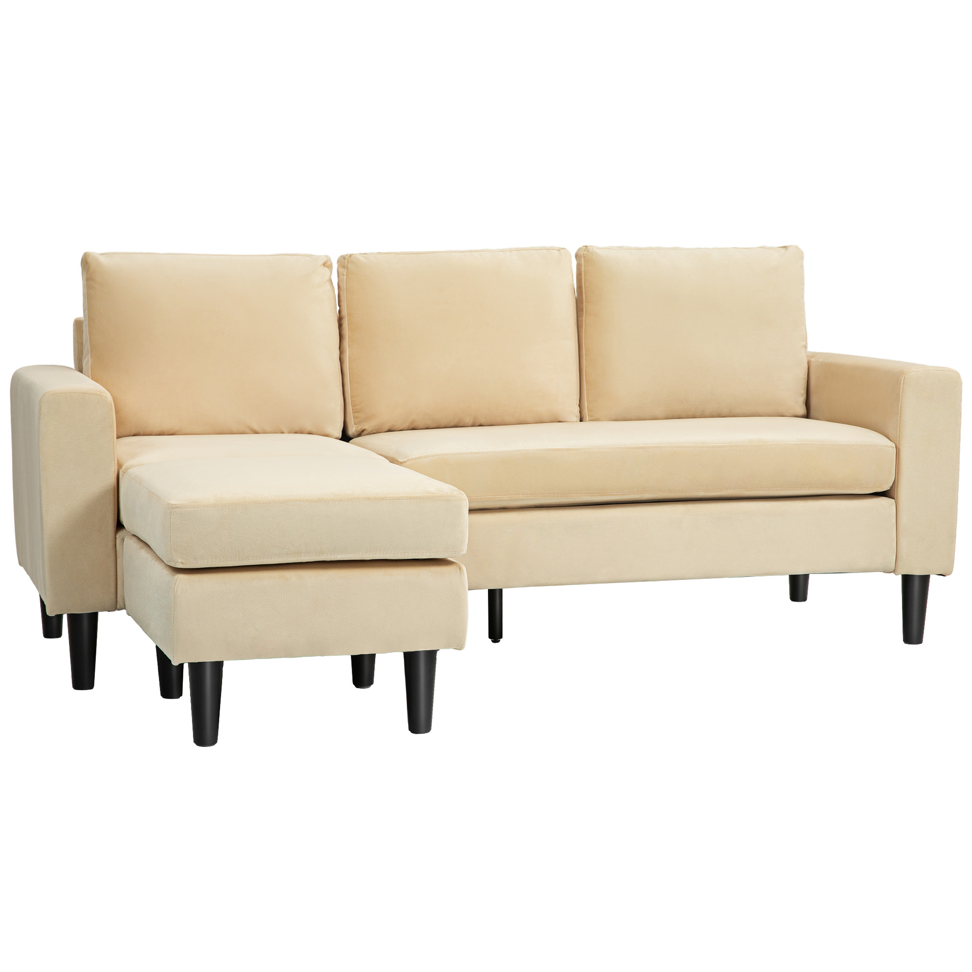 HOMCOM Modulares Ecksofa mit Hocker und 3 Kissen, Holzfüße, Samtstoff Beige