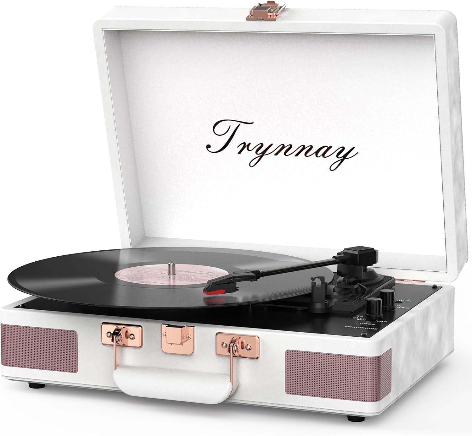 Trynnay Giradischi a 3 marce, lettore portatile in vinile con altoparlanti integrati, giradischi, audio migliorato, pelle PU, vintage nero