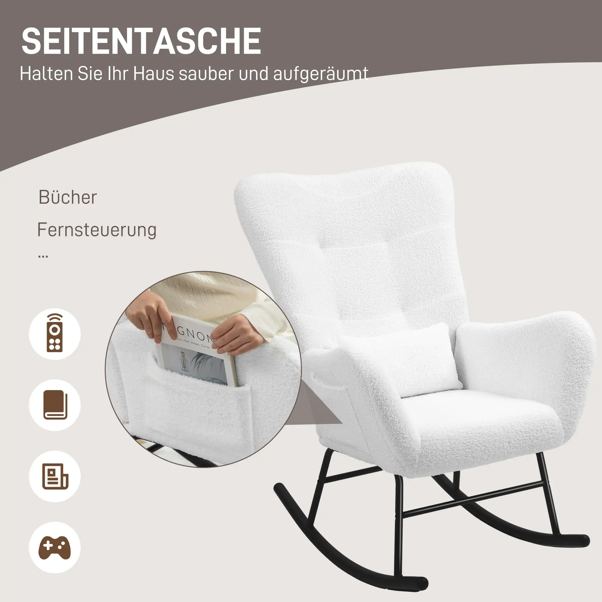 HOMCOM Schaukelstuhl Polsterstuhl Schwingfunktion Seitentasche Weiß
