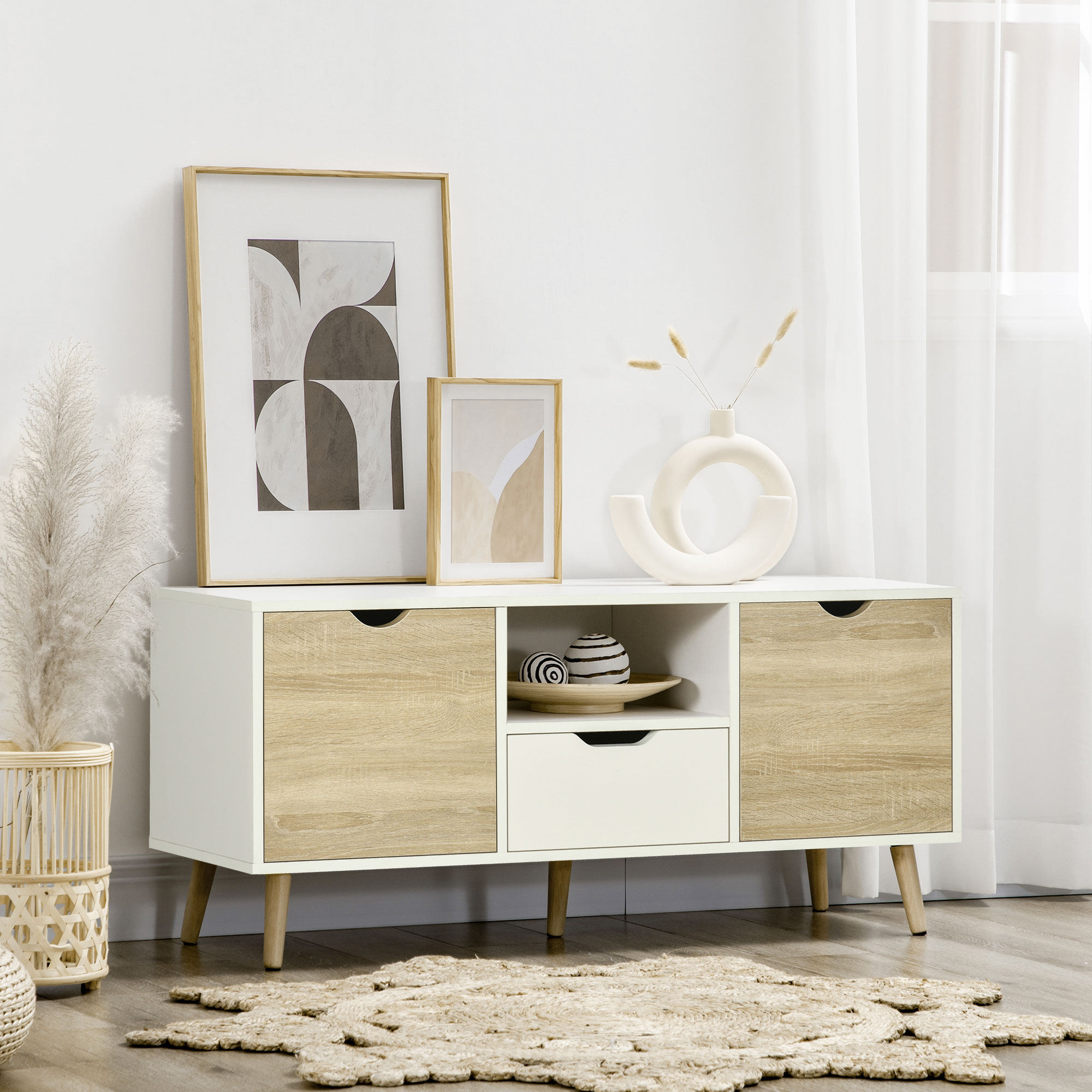 HOMCOM TV Schrank TV Sideboard Aufbewahrungsschrank auf Beinen mit 2 Schränken aus Holz für Schlafzimmer Wohnzimmer 110 x 40 x 50 cm