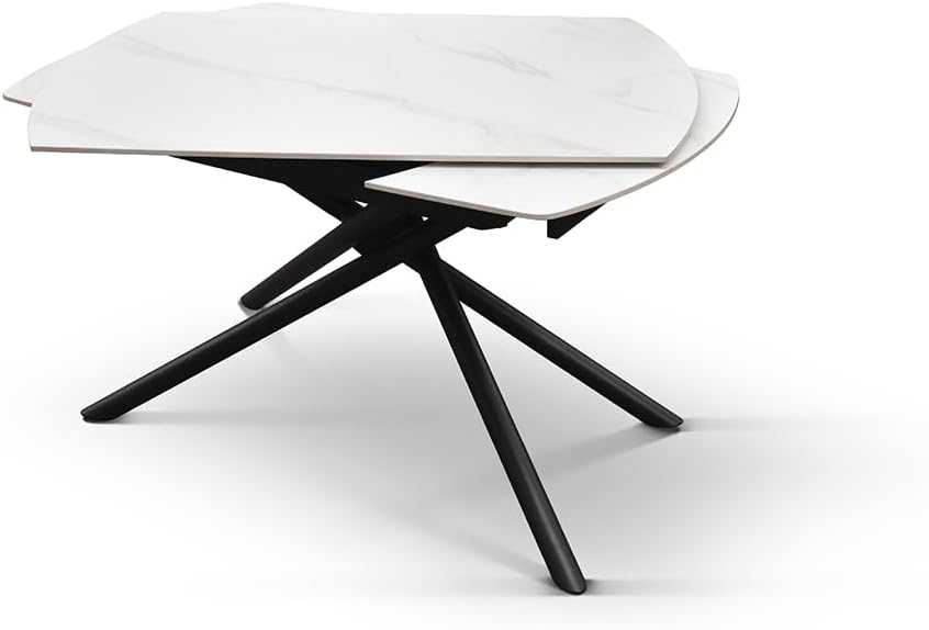 tavolo allungabile girevole Achille, piano in ceramica bianca statuario, gambe in metallo nero, 120 x 88 x 76 cm - id_2206