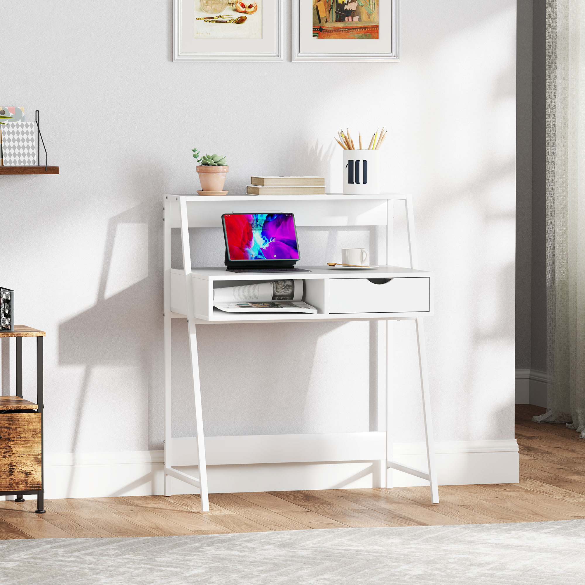 HOMCOM Sekretär Computertisch Büro im Retro-Stil Schublade Fach Metall Weiß
