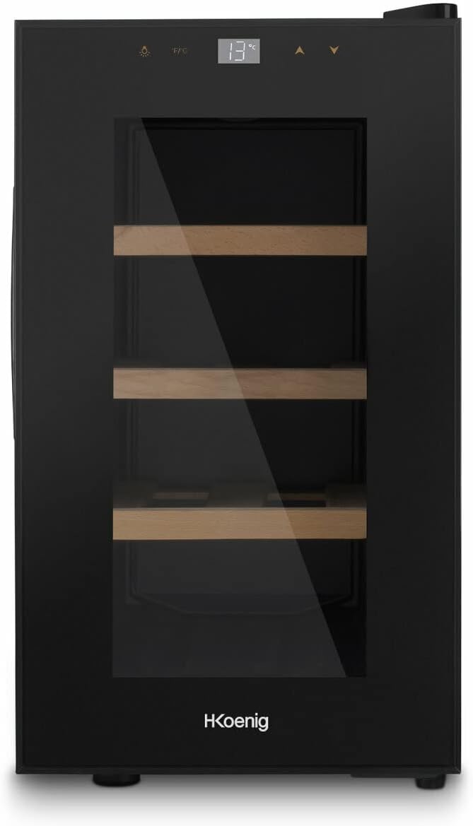 H.Koenig AGE6 Wine Cellar, 6 Bottles, 17 L, Professional Stainless Steel, Coolant, Thermoelectric, Adjustable from 8 °C to 18 °C, Quiet, Interior Lighting, 3 Shelves, Black
