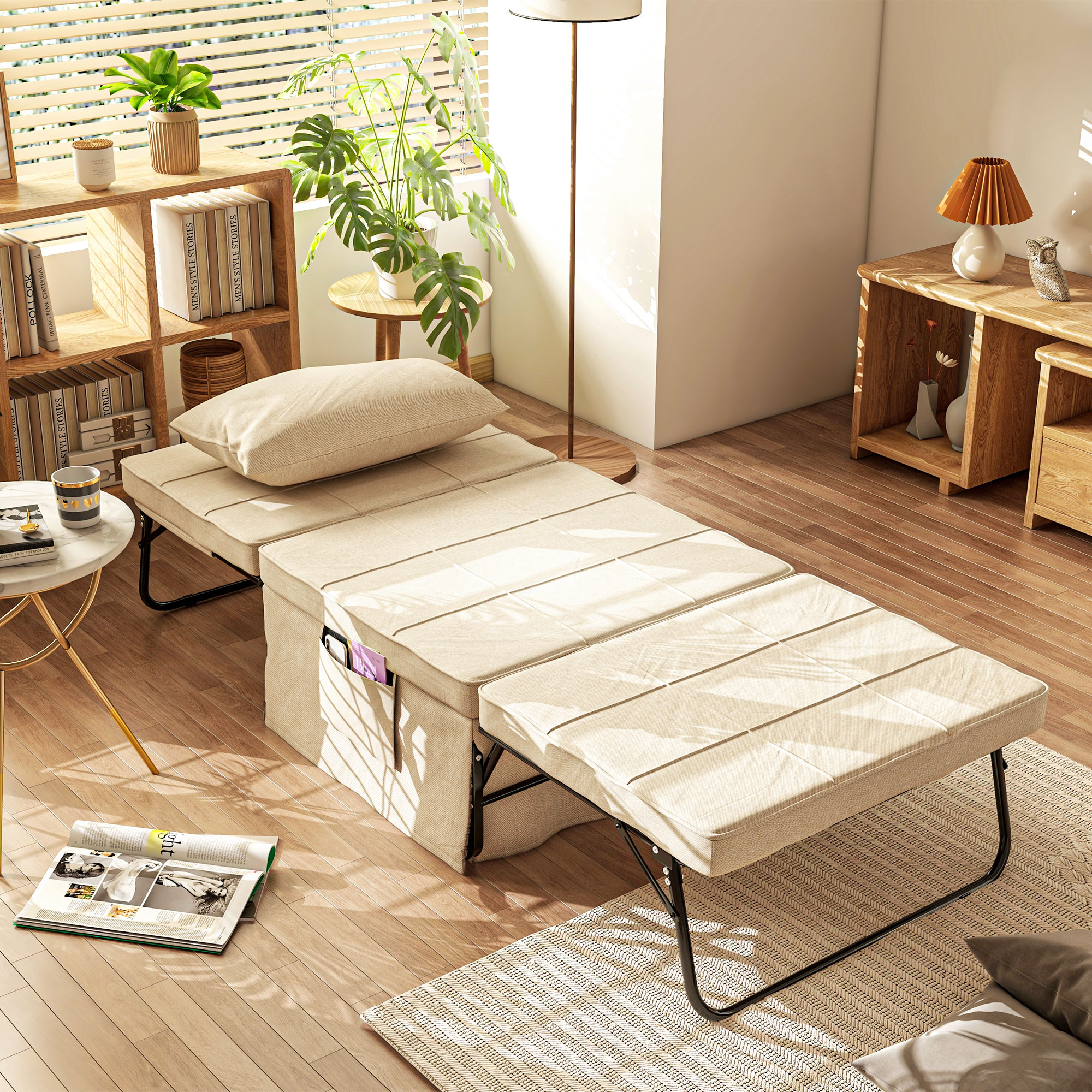 HOMCOM Fauteuil Bett Konvertierbarer Liegestuhl und Hocker 4 in 1 mit 5 verstellbaren Positionen Creme
