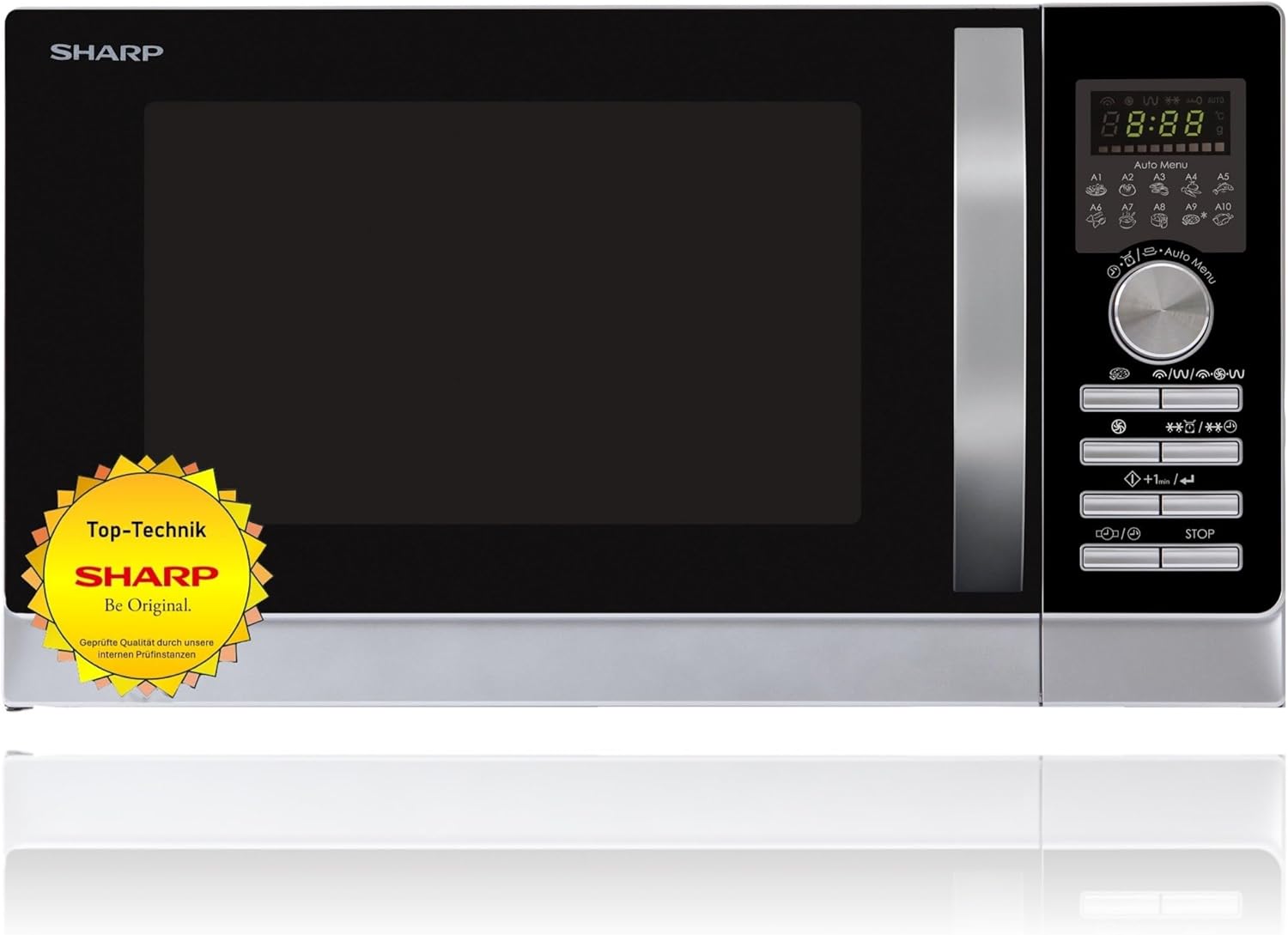 Sharp R843INW 4-in-1 Mikrowelle mit Heiluft, Grill und Konvektion/ 25 L/ 800 W/ 1000 W Infrarotgrill/ 2500 Konvection/ 10 Automatikprogramme/ Pizza-Programm/ Metalldrehteller (30 cm)/ silber