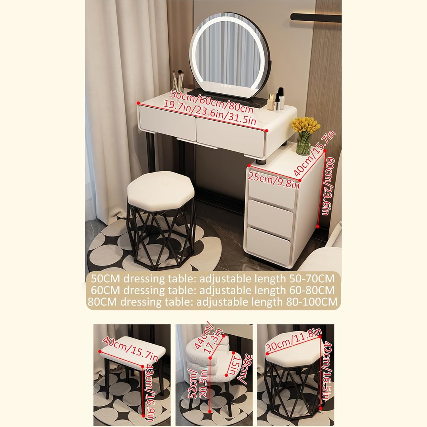 Set da trucco illuminato con luminosità regolabile, grande tavolo e sedia, 3 modalità di illuminazione, cassetti e armadietti, design salvaspazio per piccole stanze