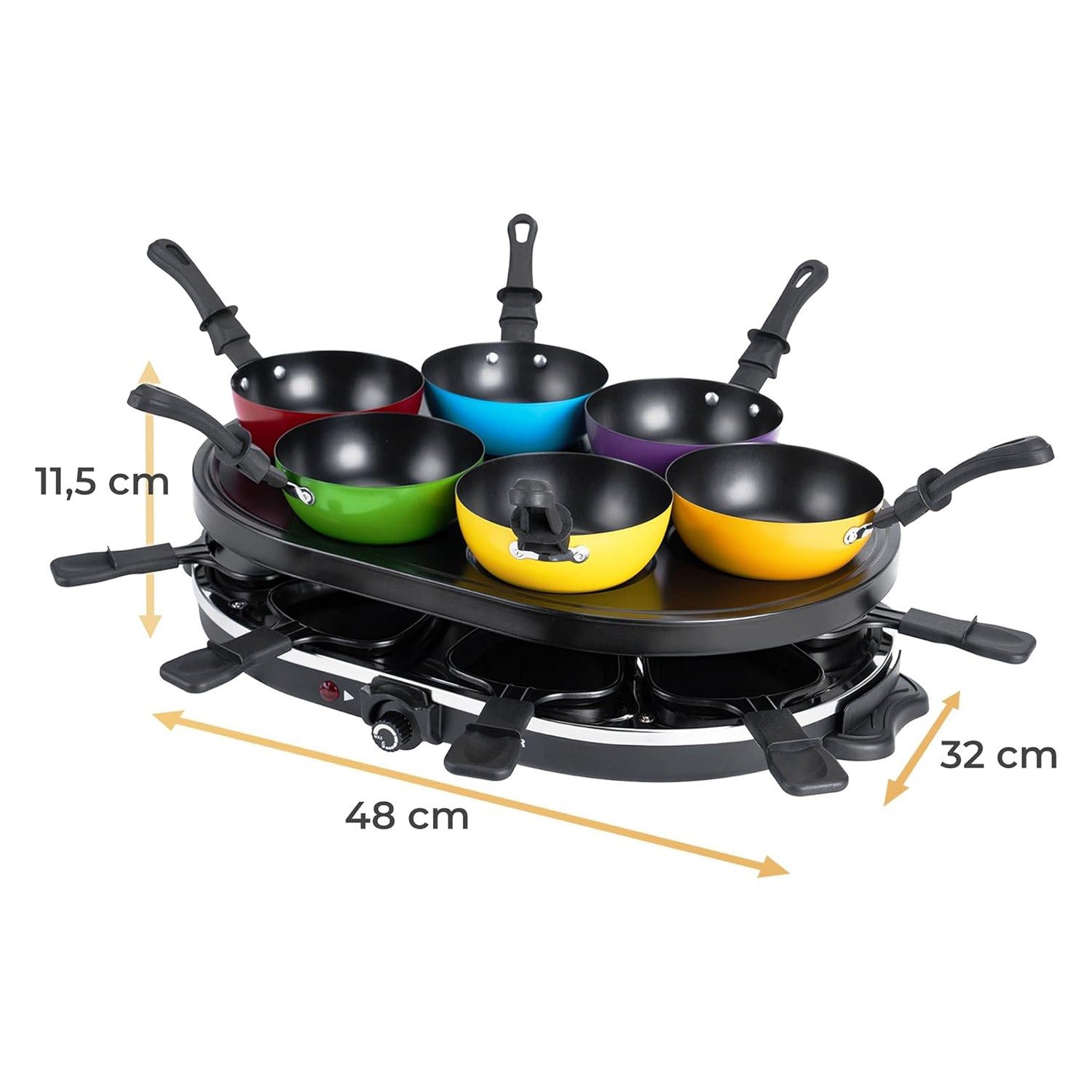 Raclette KLAMER Raclette-Wok 1200 W – Raclette Grill mit 6 Wokpfännchen & 8 Ra…