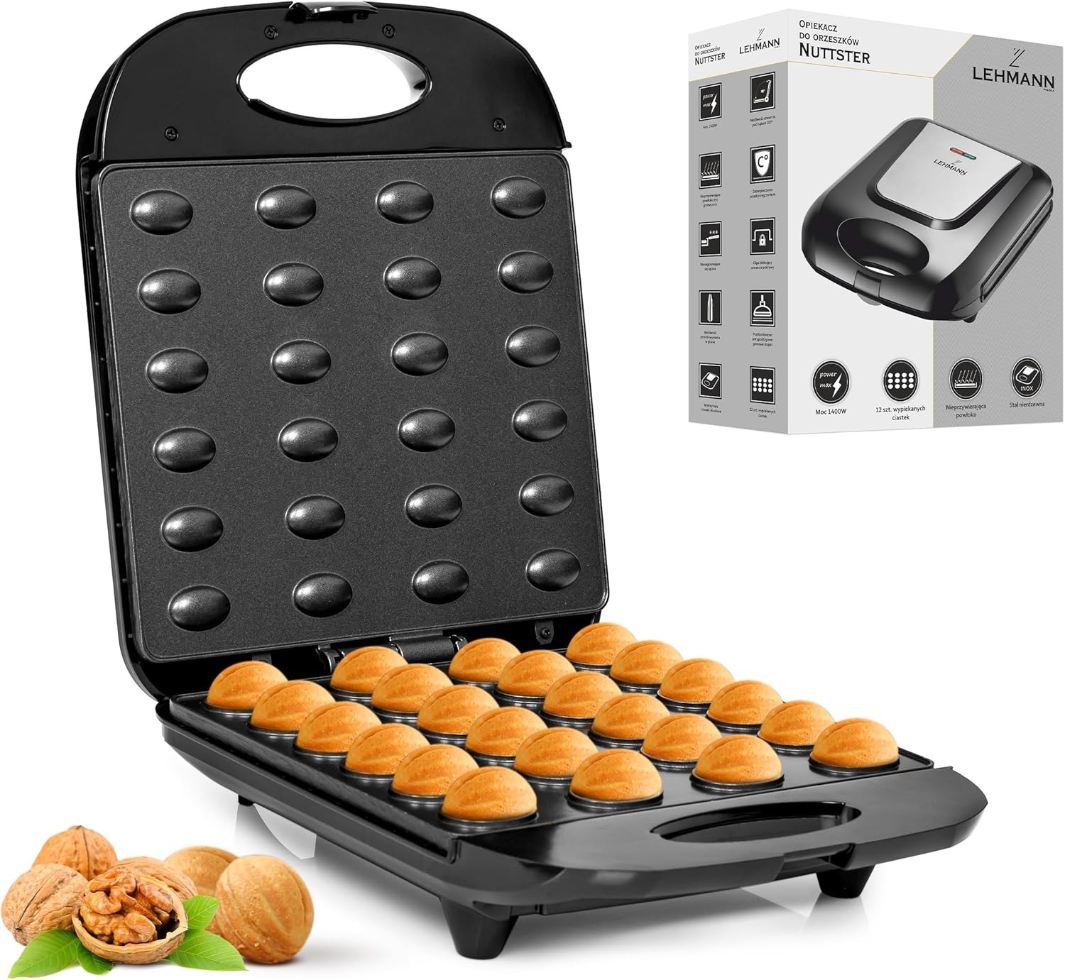 Lehmann cuoci noci elettrico con rivestimento antiaderente | 1700 watt | per 24 mezze noci | Tostapane per noci e biscotti | con rivestimento antiaderente