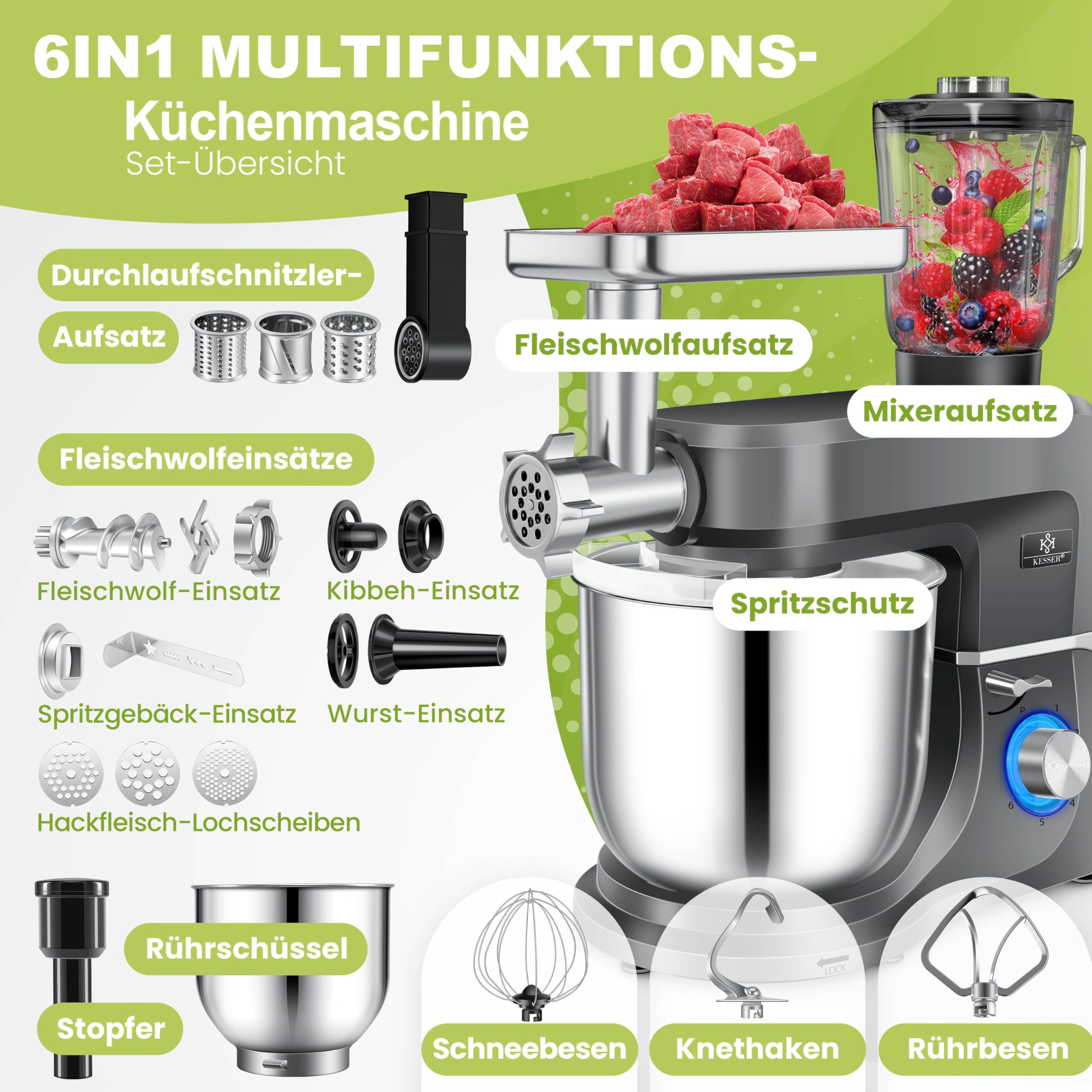 KESSER Küchenmaschine 3in1 mit Fleischwolf und Mixer 1500W 5,5L Spritzschutz 6 Geschwindigkeiten Anthrazit