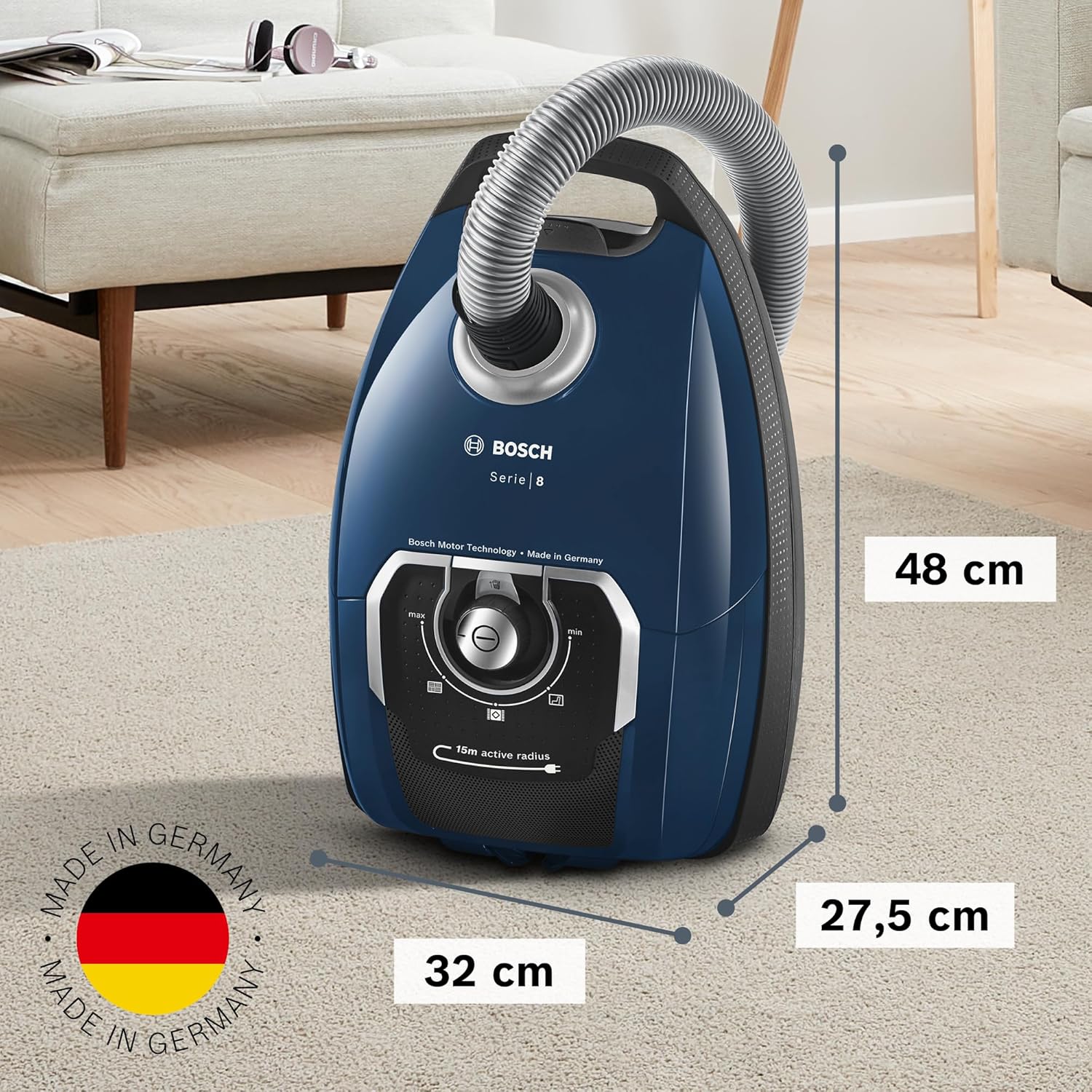 Bosch Stofzuiger met zak Serie 8 BGB75X494, sledestofzuiger, ideaal voor mensen met allergie?n, hygi?nefilter, vloermondstuk voor parket, tapijt, tegels, lange kabel, stil, 650 W, blauw