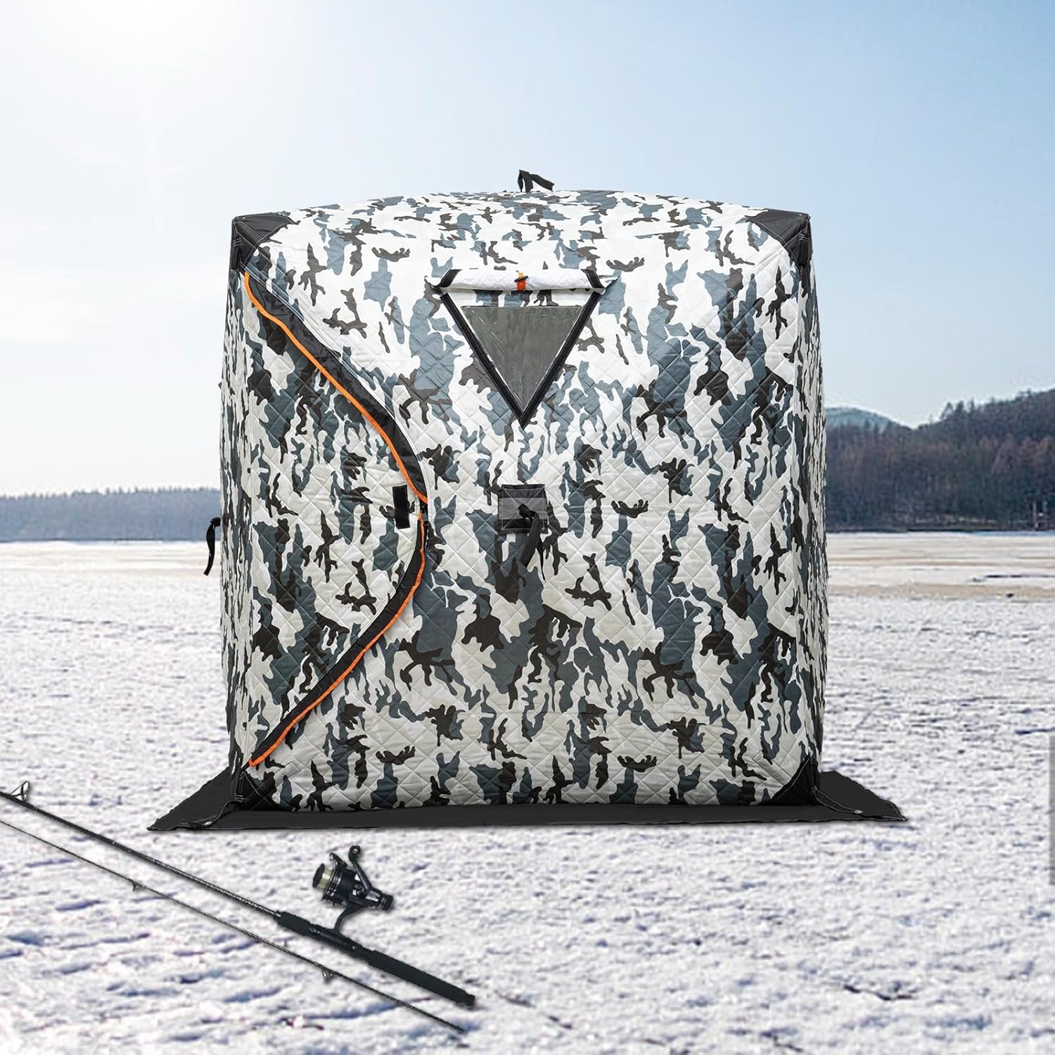 COUCHO Tragbarer Schutz for Eisangeln, Winter-Eisangelzelt for 3–4 Personen, warmes Outdoor-Pop-up-Camping-Eisangelzelt aus Baumwolle mit Tragetasche und Reißverschlusstür, Thermohütte for Eisangeln