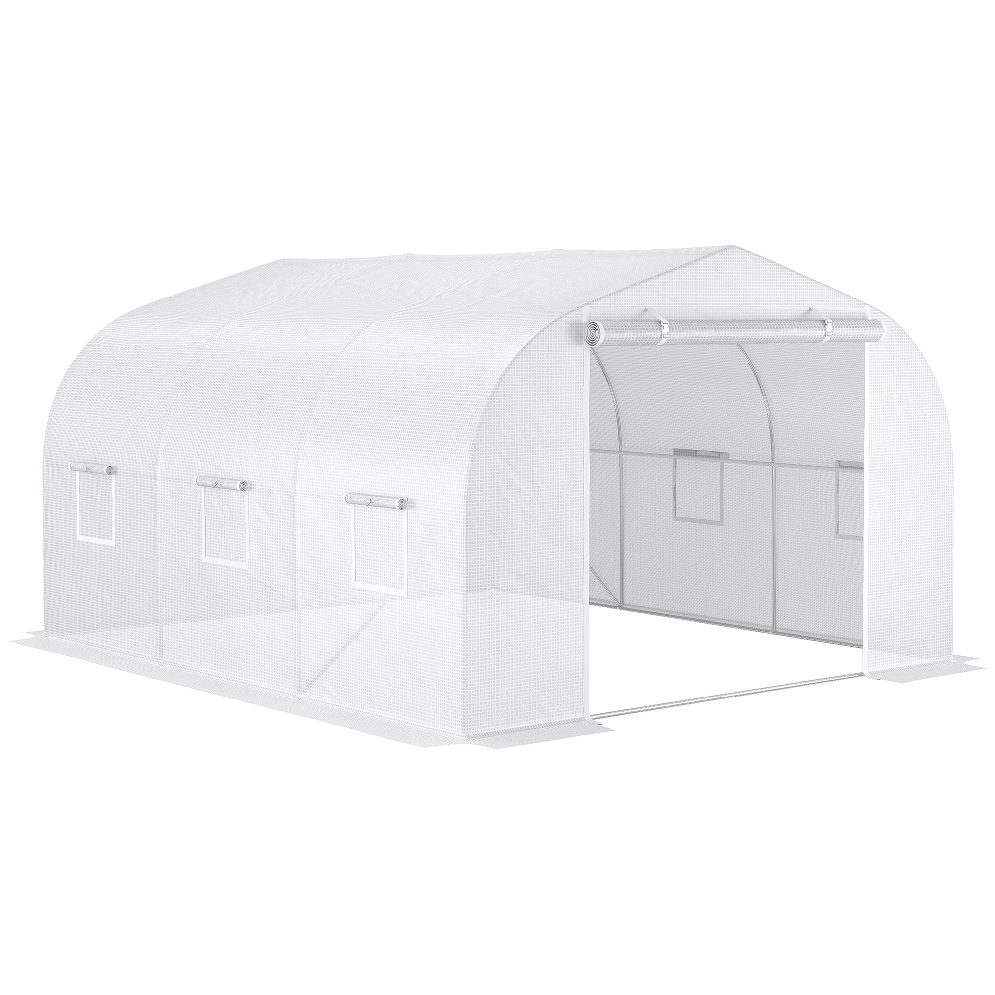 Outsunny Garten-Tunnelgewächshaus dim. 3,5L x 3B x 2H m Tür + 6 aufrollbare Fenster Verzinkter Stahl PE-Hochdichte-Plane Weiß