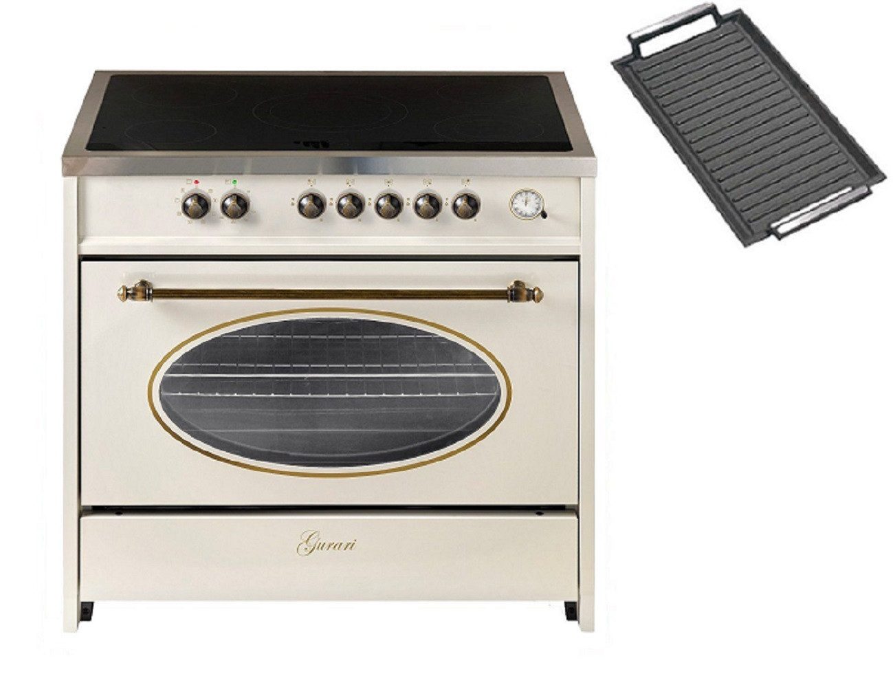 Elektro-Standherd Retro Glaskeramik Herd 90 cm mit Elektrobackofen 121 L Range Coocker, 8 Funktionen GCH E 912 Cr r+Grillplatte.