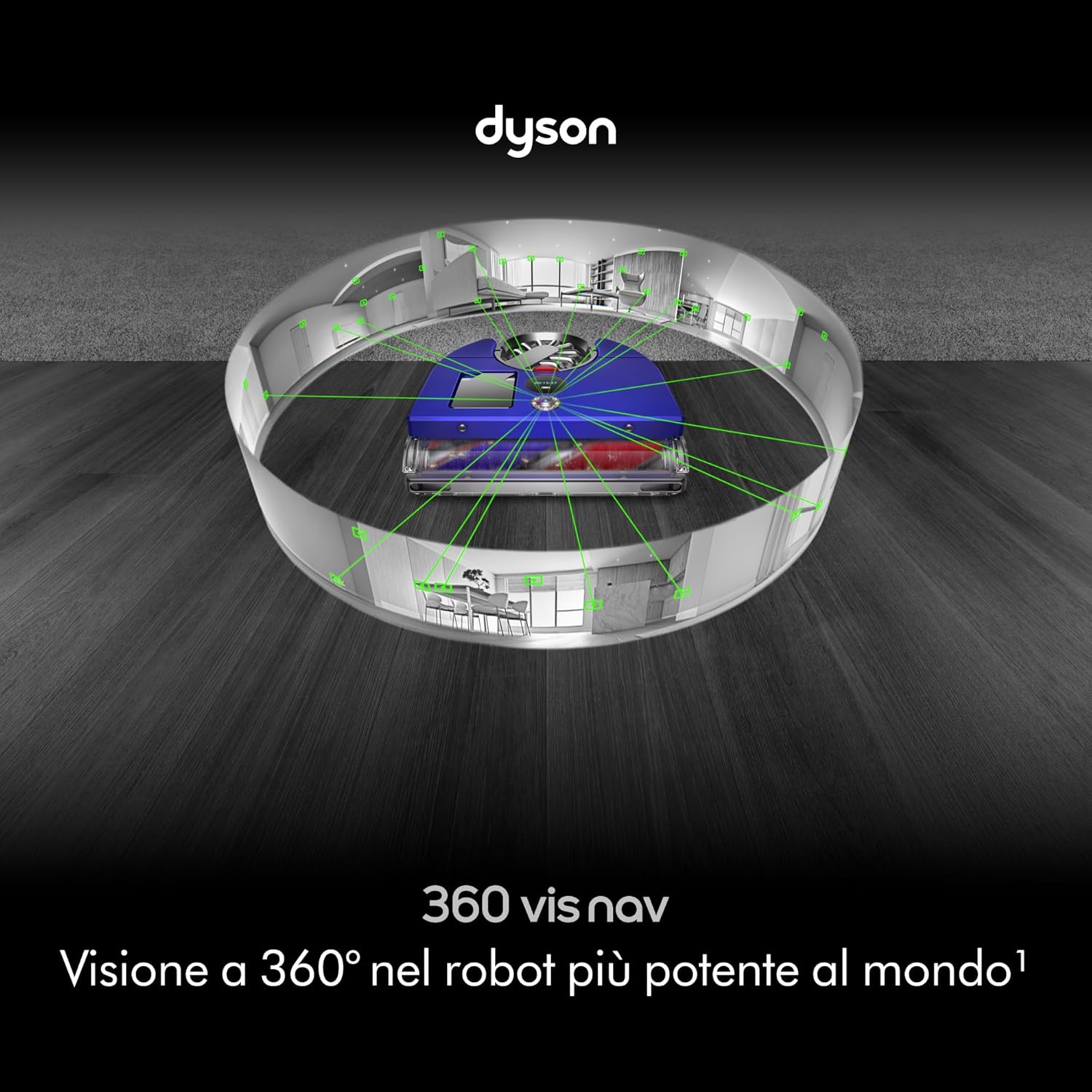 360 Vis Nav™ robot aspirapolvere, spazzola a larghezza completa, progettato per tutti i tipi di pavimento (Blu/Nichel)