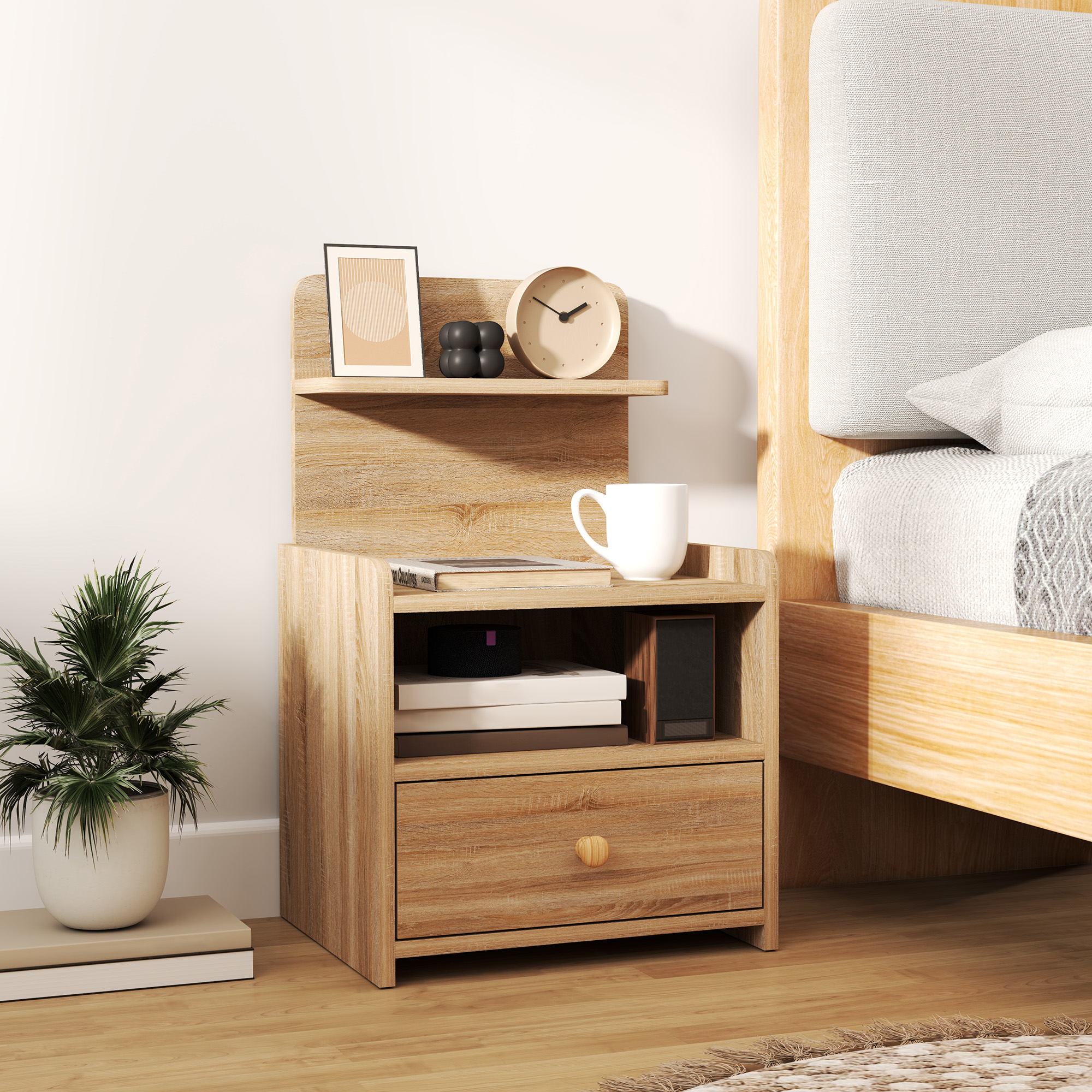 HOMCOM Beistelltisch, Nachttisch mit Stauraum, Spanplatte, kippsicher, modern, Naturholz