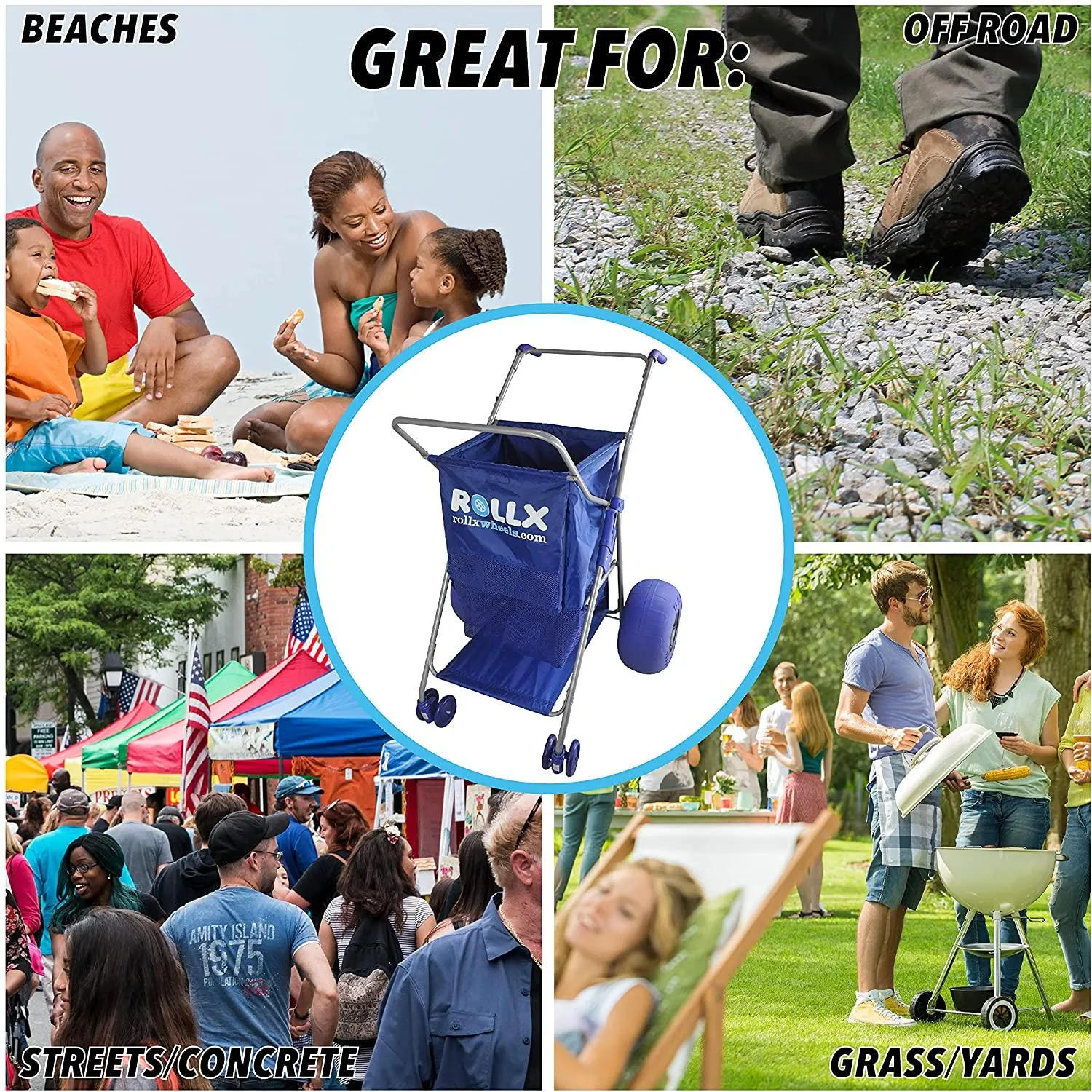 RollX Foldable Storage Wagon Beach Cart 12 inch Balloon Wheels &ndash; ( Pump Included ) (Blue)