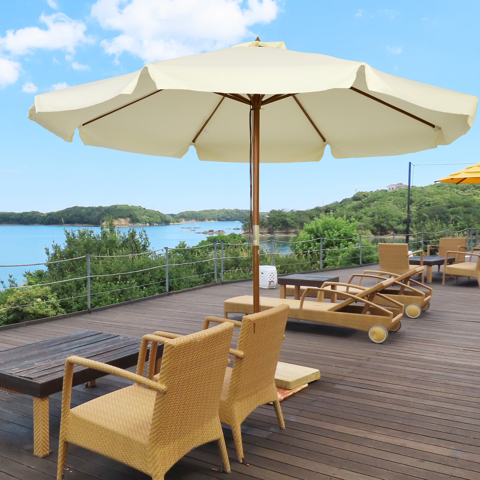 Outsunny Parasol Sonnenschirm rund groß Ø 3 m Bambusholz beige für den Garten