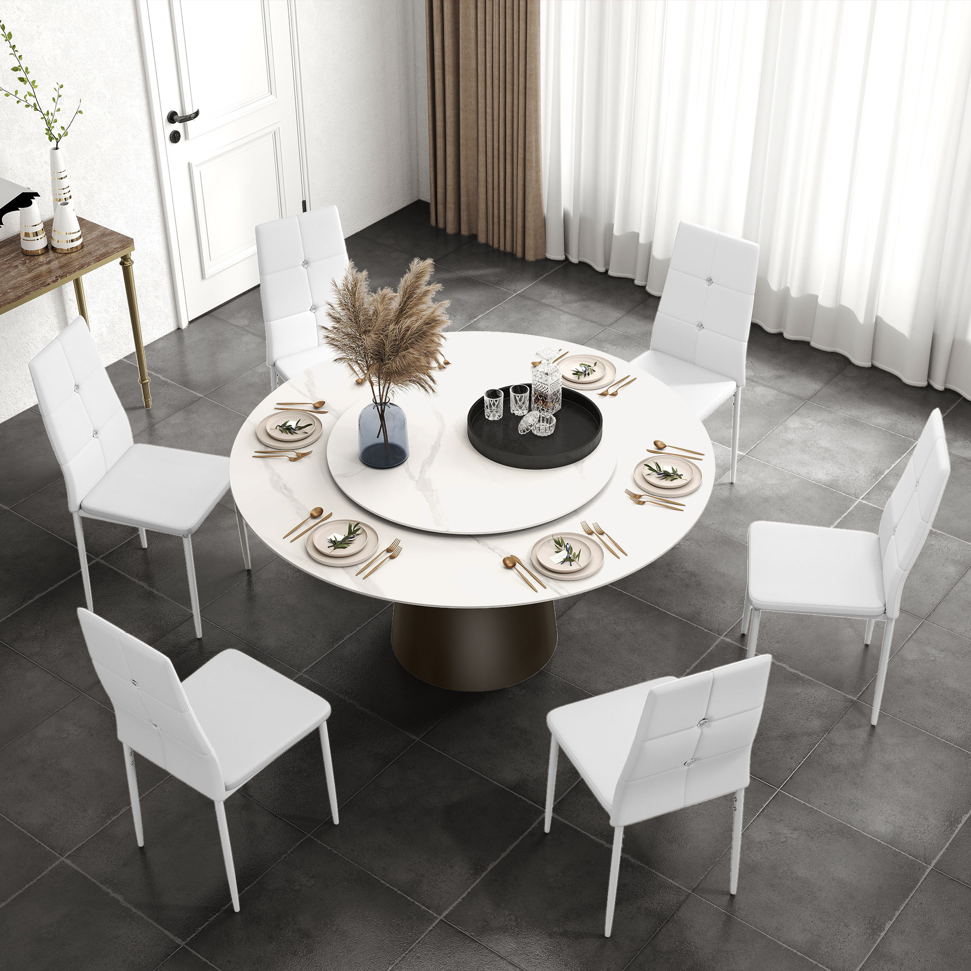 HOMCOM Set mit 6 Esszimmerstühlen mit PU-Bezug hohe Rückenlehne mit Kristallknöpfen und Stahlbeinen Modernes Design Weiß