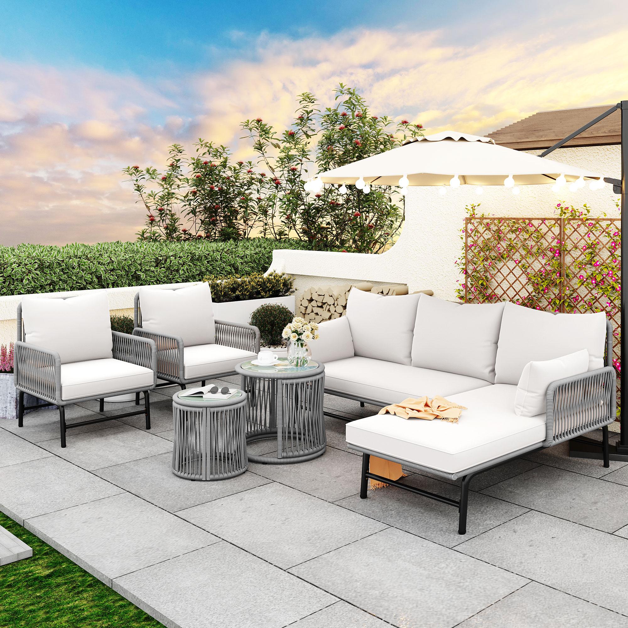 Loungemöbel 63x60x79, Gartenlounge-Set mit Handgezogenem Seil und Eisenrahmen, 2 Sessel, 2 2-Sitzer, 2 Tische, Grau