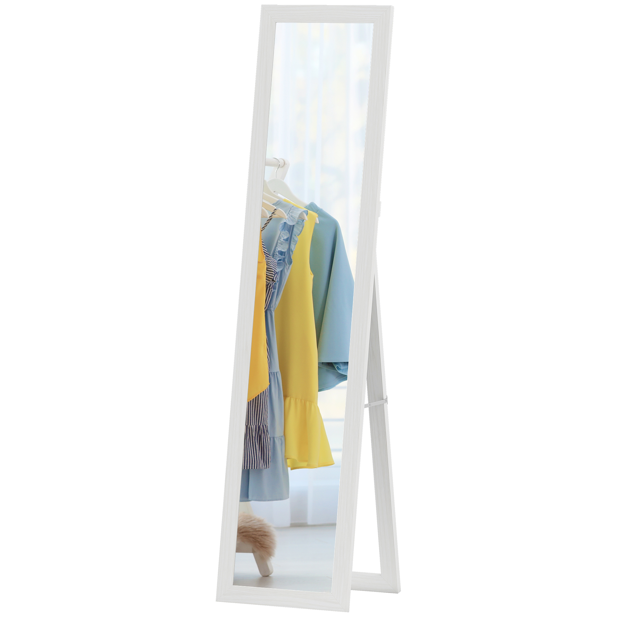 HOMCOM Rechteckiger Standspiegel zum Aufhängen oder Aufstellen mit Holzrahmen für Wohnzimmer Schlafzimmer 37 x 155 cm Weiß
