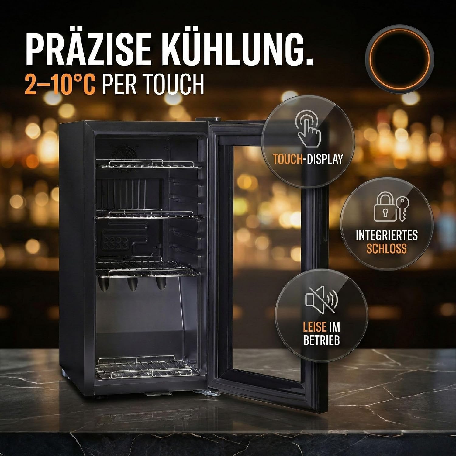 Sommertal Getränkekühlschrank 50L – Mini Kühlschrank schwarz mit Glastür, Touchscreen & LED | Kleiner Flaschenkühlschrank abschließbar & leise für Büro, Zuhause, Bar, Kellerbar & Minibar