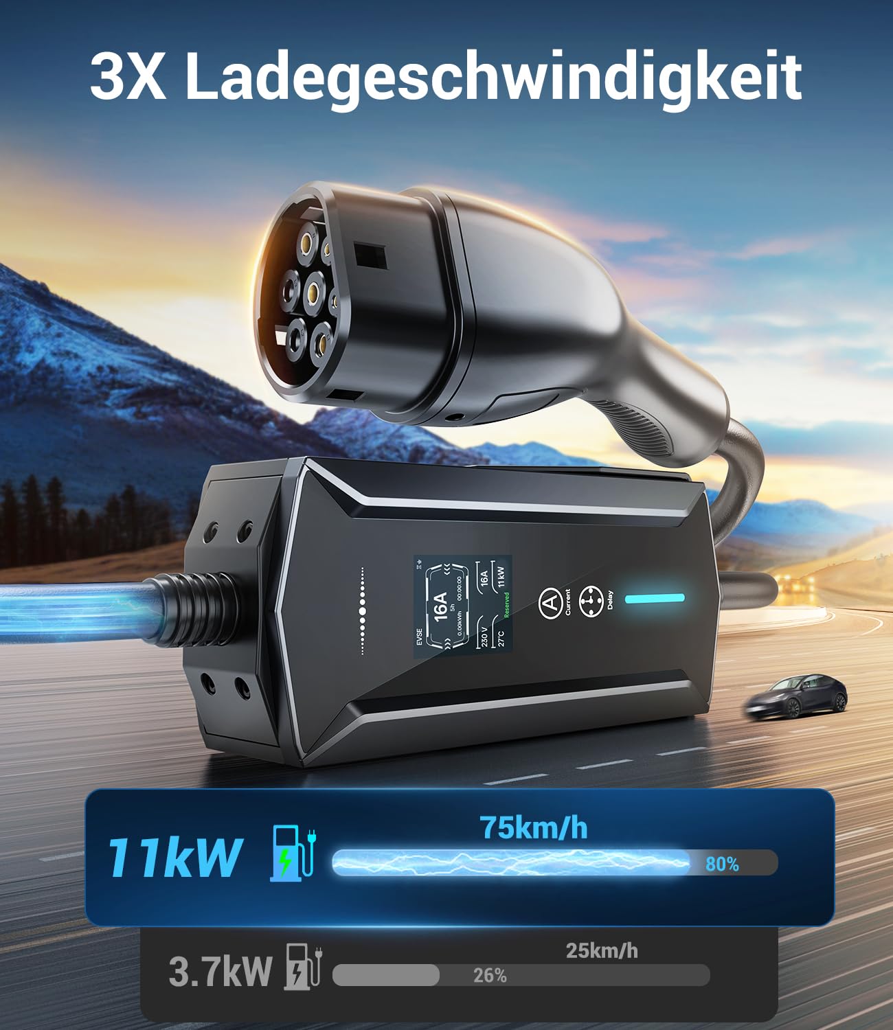 Mobile Wallbox 11 kW 7 m 6 bis 16 A EV Ladegerät mit CEE Adapter und Typ 2 Ladekabel für Elektroauto