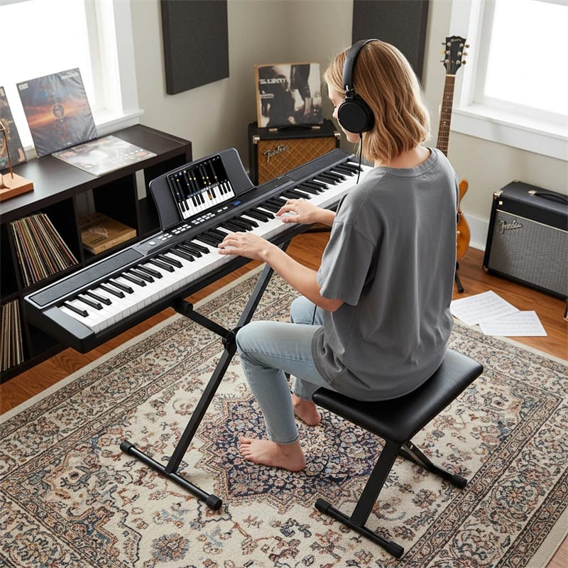 88 Key Electric Piano Keyboard Set with Adjustable Stand & Stool, Lighted Full Size Sensitive Keys, Sustain Pedal, Portable Bag for Beginners