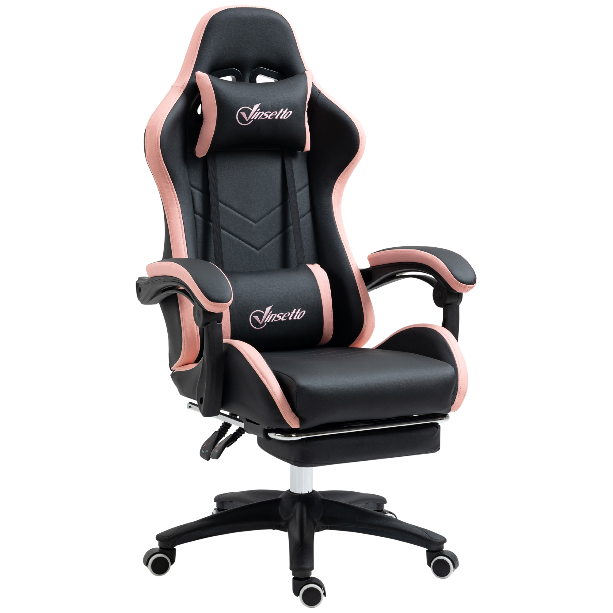 Vinsetto Höhenverstellbarer Gaming-Stuhl mit Kopfstütze, 65x65x121-129 cm, Rosa und Schwarz