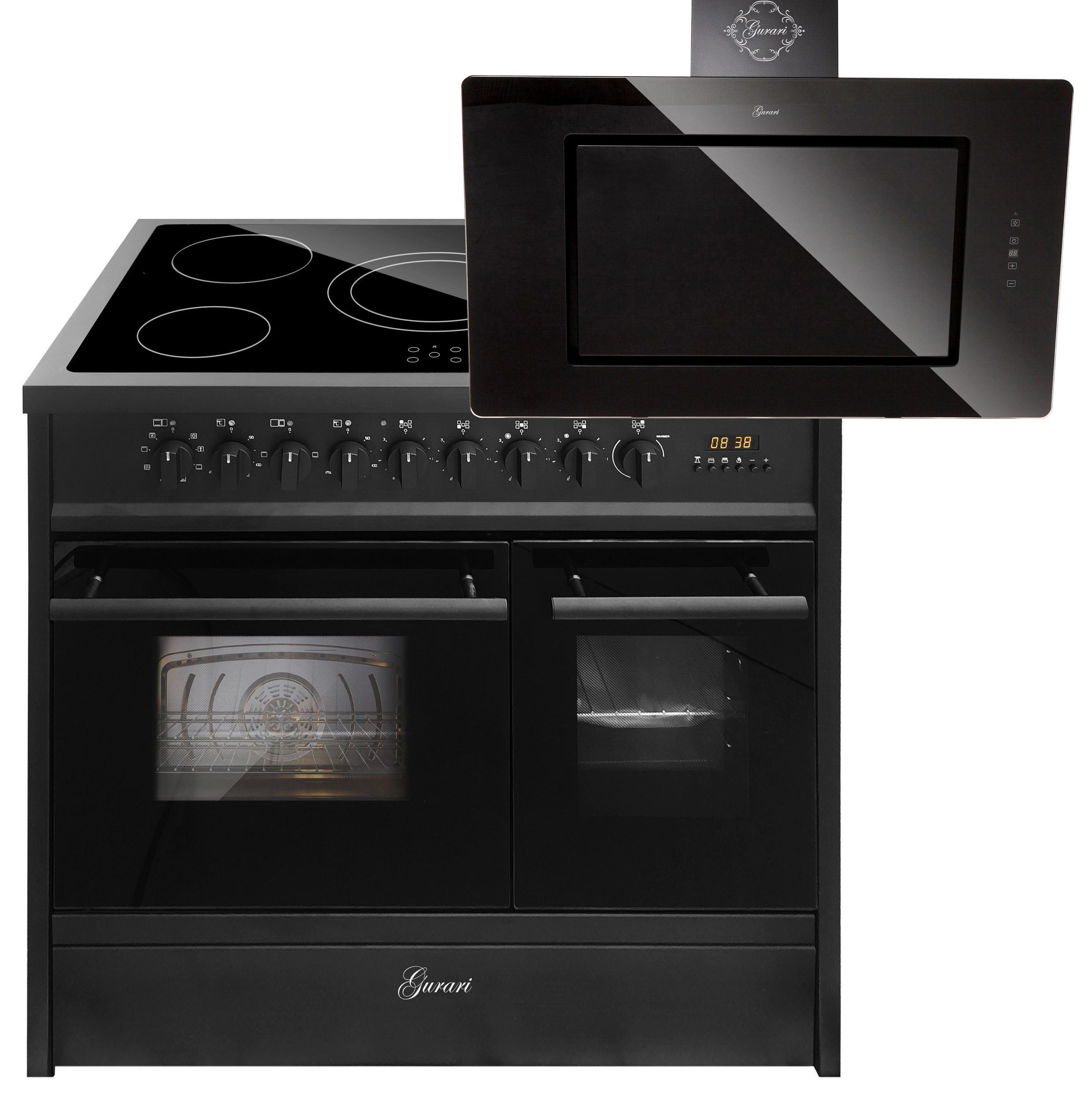 Elektro-Standherd Glaskeramik Herd 90 cm Schwarz Range Cooker Elektro Doppelbackofen mit Dunstabzugshaube 90 cm GCH E 912 DF BL+GCH S 155 BL 90 Prime N.