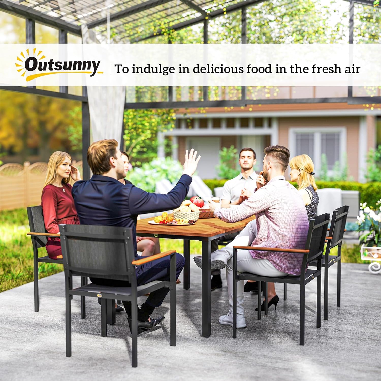 Outsunny Set Tavolo e Sedie da Esterno da 7 Pezzi, Set da Pranzo con Tavolo e 6 Sedie Impilabili con Braccioli, Mobili da Esterno in Acciaio, Texteline e Legno di Acacia per Terrazza, Teak