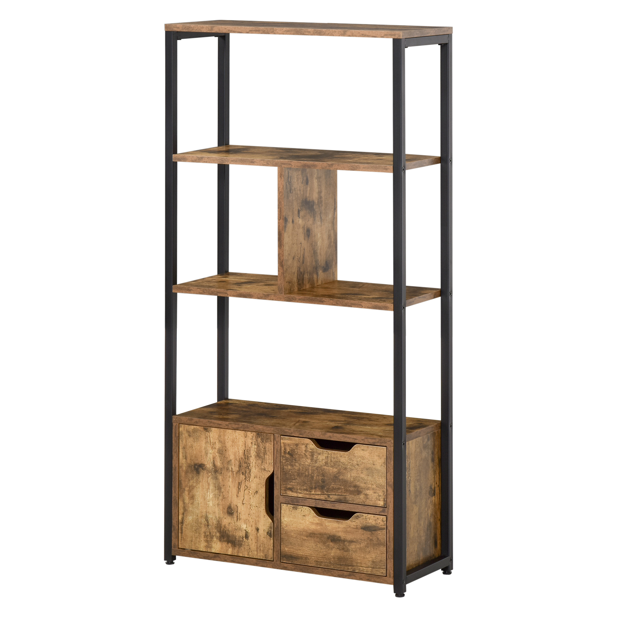 HOMCOM Industrielles Bücherregal 3 Regale Schranktür 2 Schubladen Partikelplatten Altholzoptik Stahl Schwarz