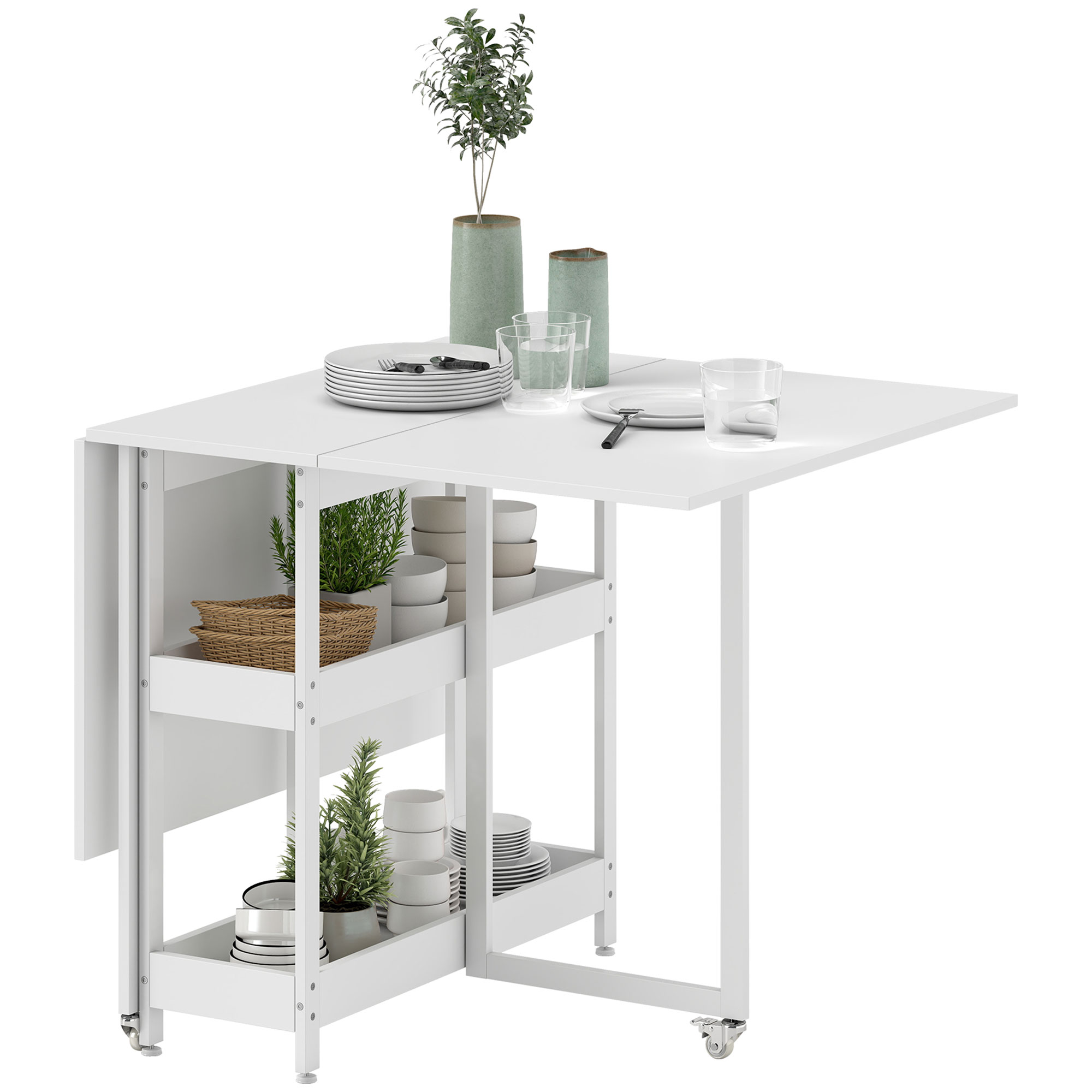 HOMCOM Klappbarer Esstisch im Industriedesign, für bis zu 4 Personen, offene Regale, flexibel, Metall, Spanplatte, Weiß
