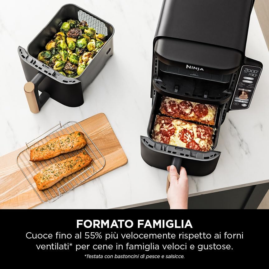 Ninja Double Stack XL Friggitrice ad Aria Verticale, Doppia Zona, 4 Livelli, 2 Scomparti, 2 Griglie, Capienza 9.5L, 6 Funzioni, 8 Porzioni, Parti Lavabili in Lavastoviglie, Pinze, Nero/Rame, SL400EUCP
