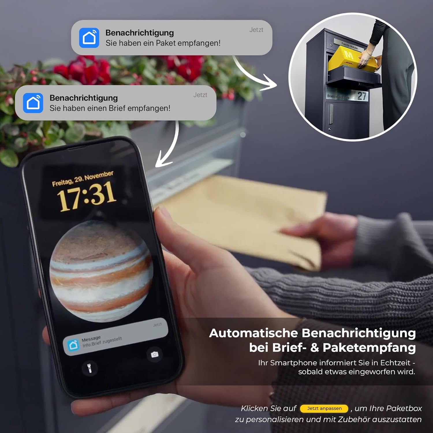 Metzler Briefkasten und Paketbox rostfrei und massiv, paketbox draussen groß XXL, Standbriefkasten modern, Paketkasten, Postbox in DB 703 Eisenglimmer mit Namensgravur, Modell Bispo 2