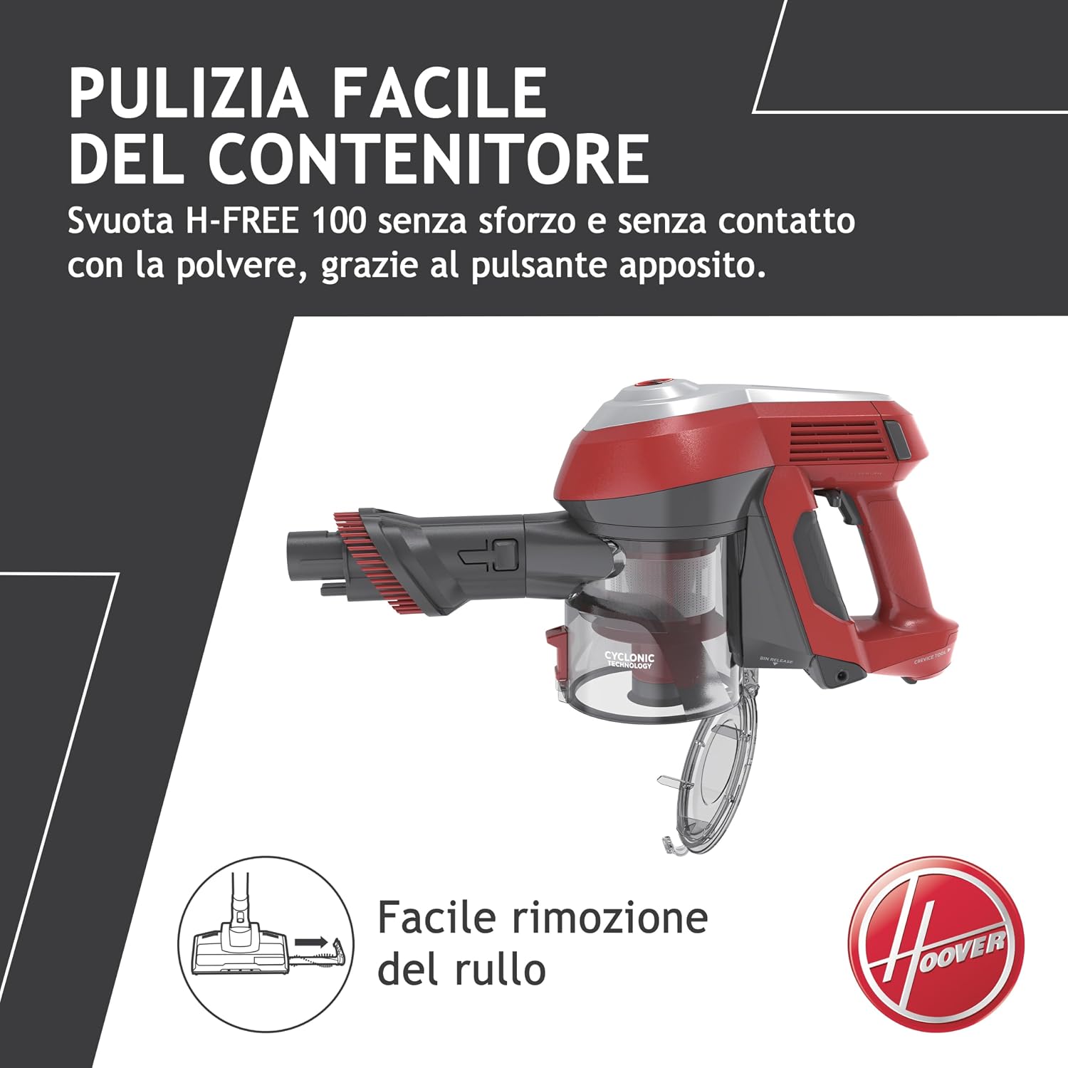 Hoover H-FREE 100 HF122RH 011 Scopa Elettrica Senza Fili, Senza Sacco, Ciclonico, Batteria 22V, Autonomia 40 Min, Grigio