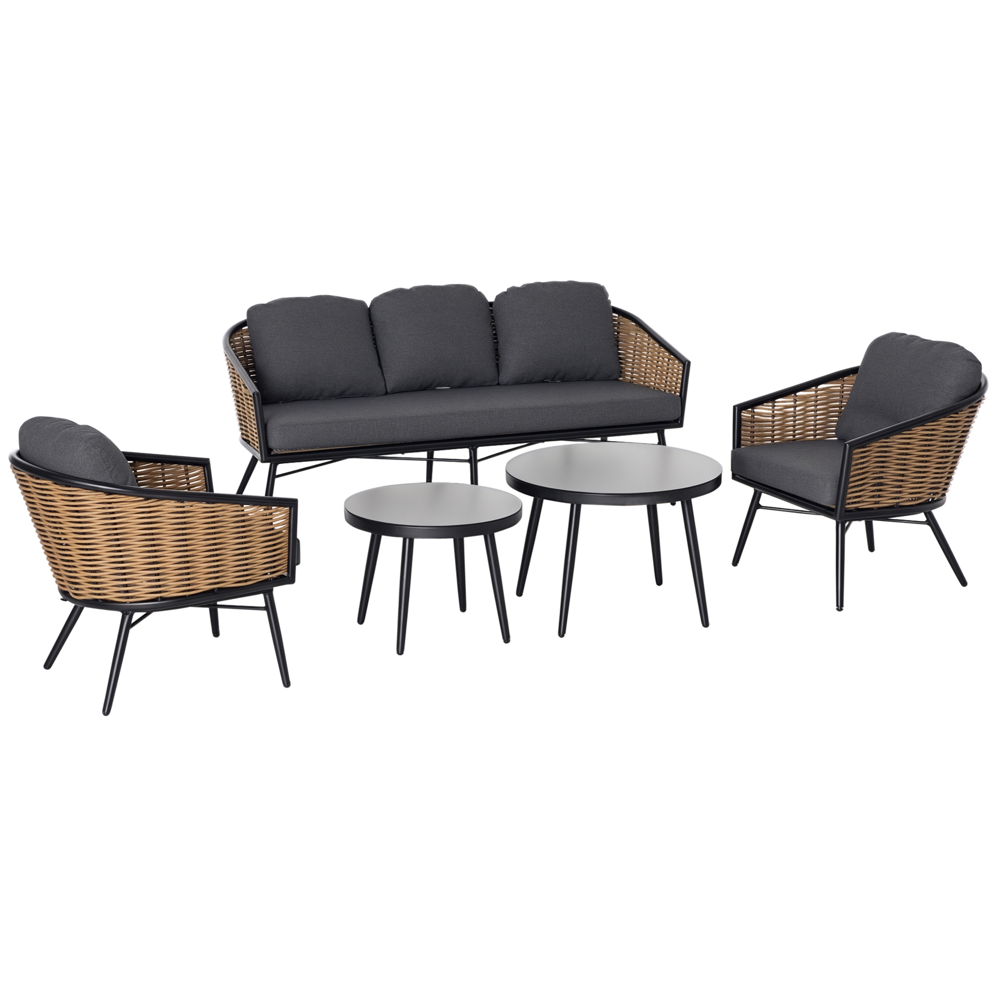 Outsunny Gartenmöbel-Set aus PE-Rattan, PE-Rattan-Lounge-Set, 5tlg., Schwarz +Braun + Grau