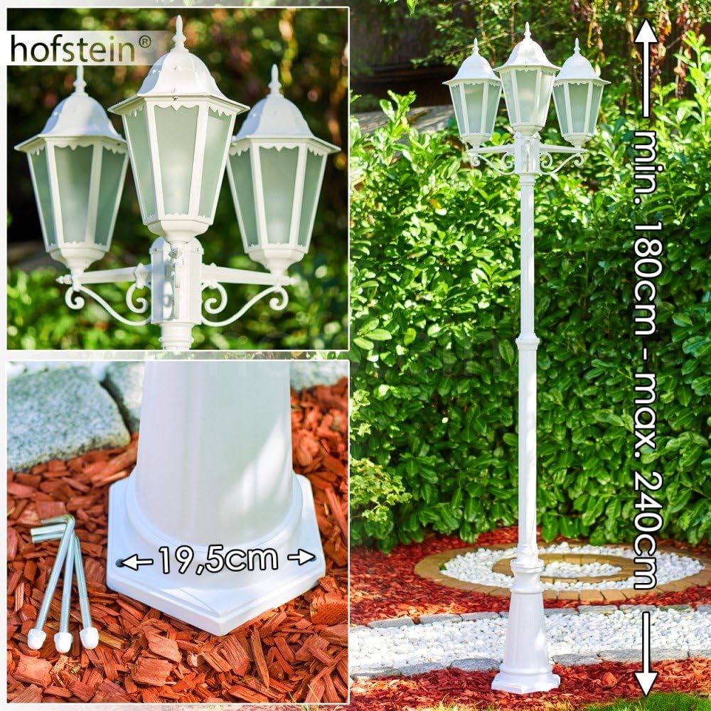 HOFSTEIN Kandelaber Hongkong, Außenwegeleuchte aus Metall/Milchglas in Weiß, Wegebeleuchtung 220 cm, 3 x E27, IP44, Wegeleuchte im Retro/Vintage-Design für Garten, Außenbereich, Hof