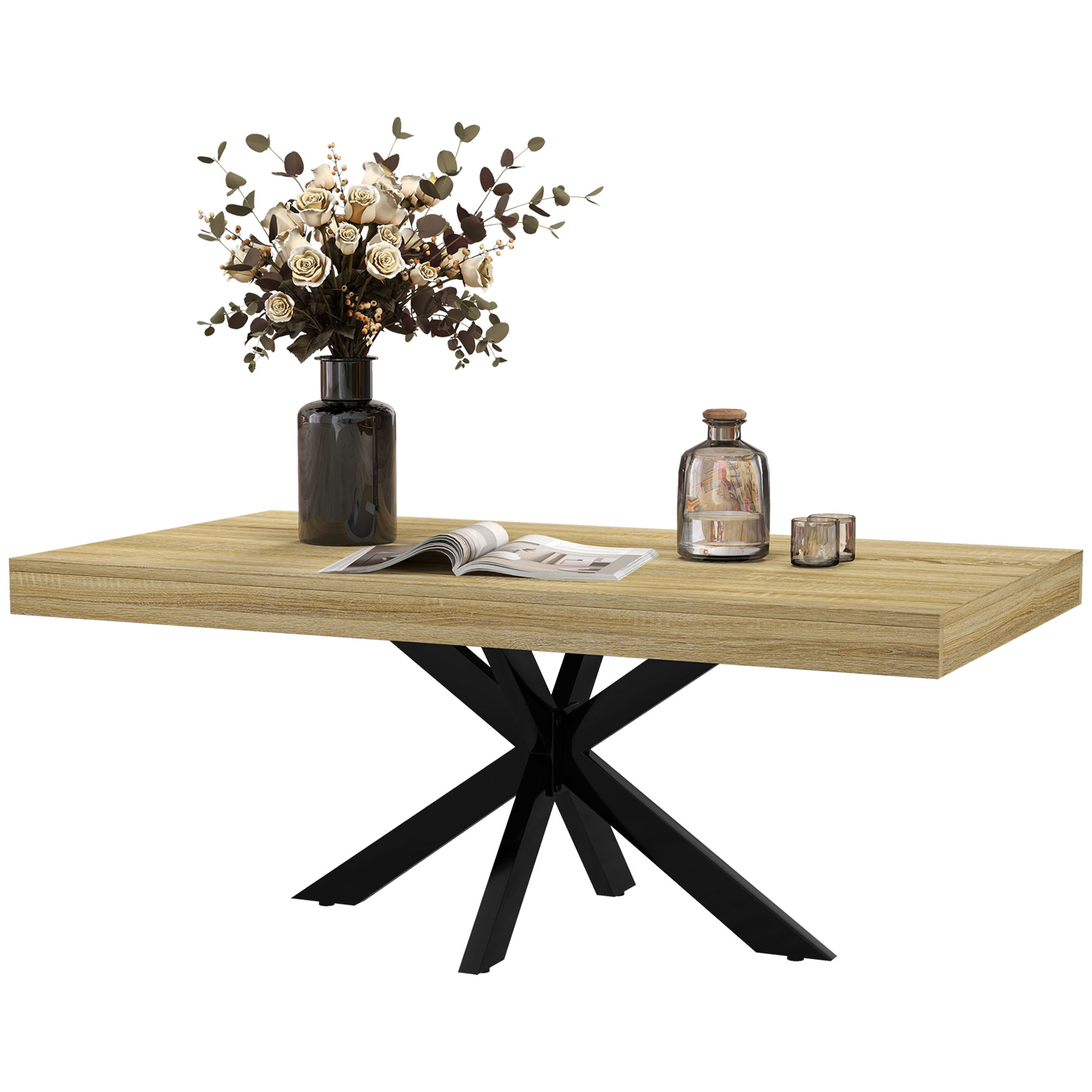 HOMCOM Rechteckiger Couchtisch Beistelltisch im Industriestil aus schwarzem Metall und Holzoptik-Tablett - Maße 110 x 60 x 45 cm