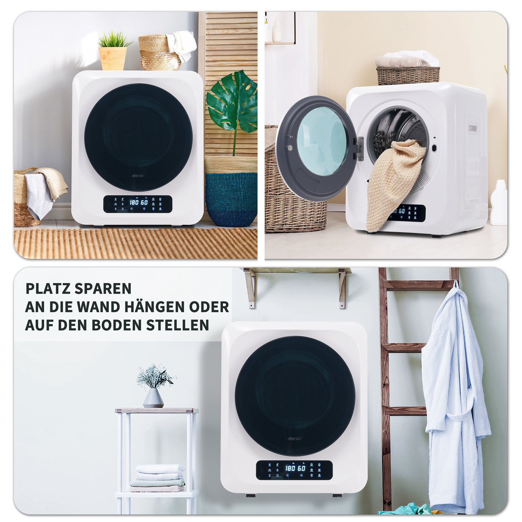 Ablufttrockner mit UV-Sterilisation und LED-Display, mini-Wäschetrockner freistehend/hängend ASMN205C