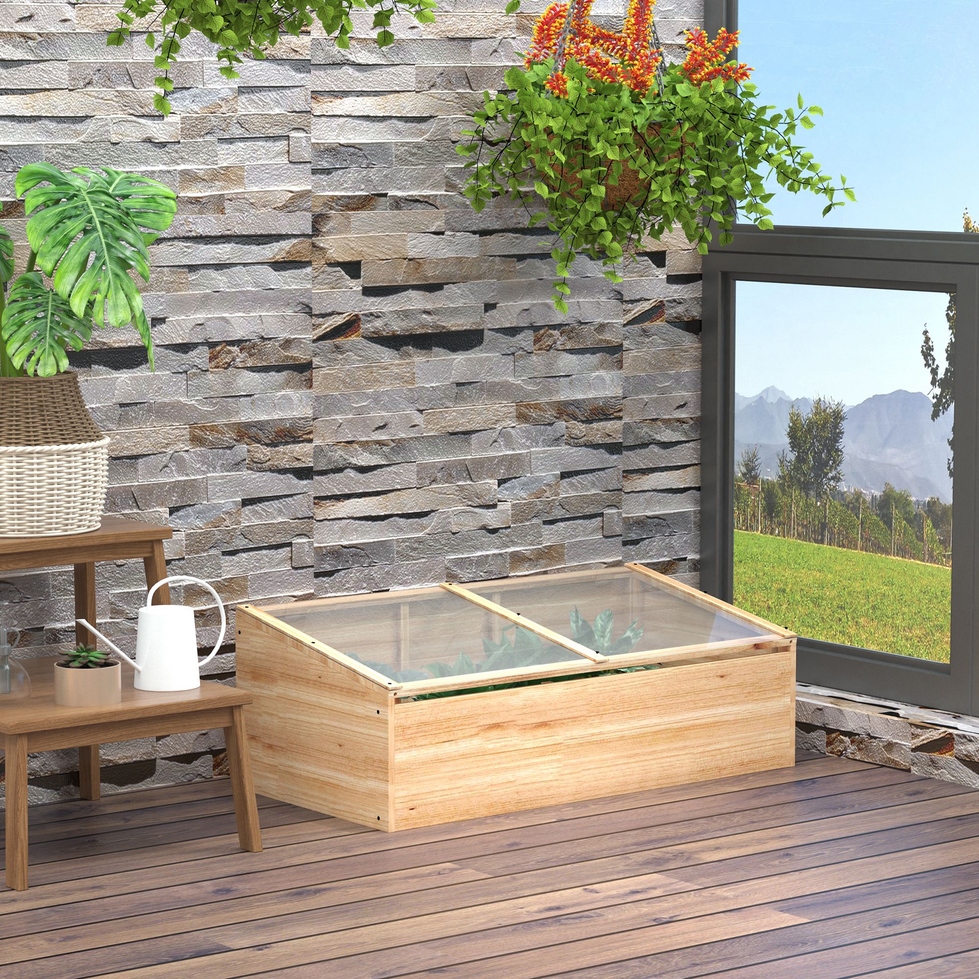 Outsunny Gewächshaus Holz Frühbeet Frühbeetkasten Treibhaus Garten & Pflanzkasten-System für Garten Balkon, 100 x 50 x 35 cm, Natur, Tanne, PC-Platte