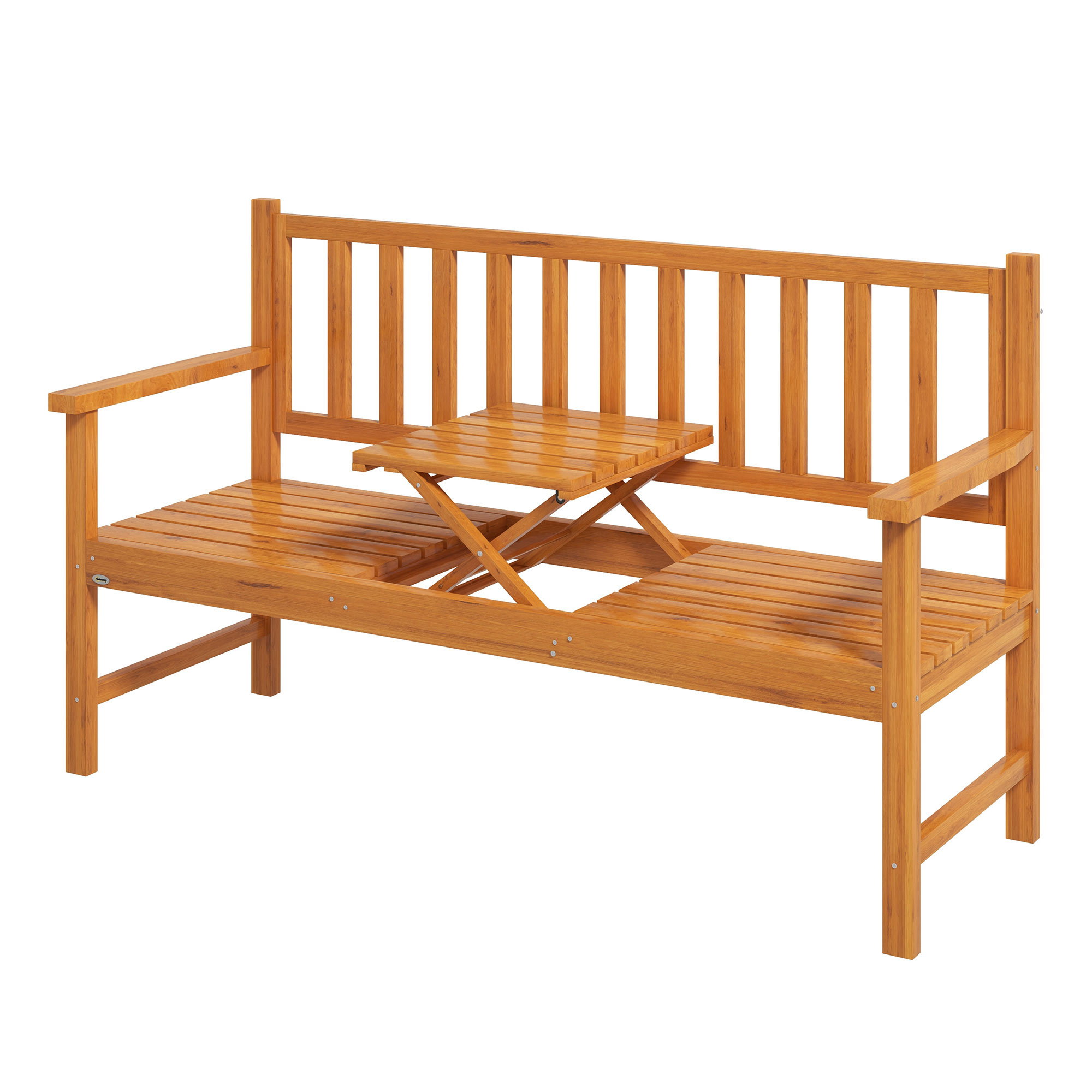 Outsunny Gartenbank Holzbank Outdoor-Bank, ausklappbarer Tisch, wetterbeständig, Massivholz, 153 cm x 56 cm x 91 cm,  Hellbraun