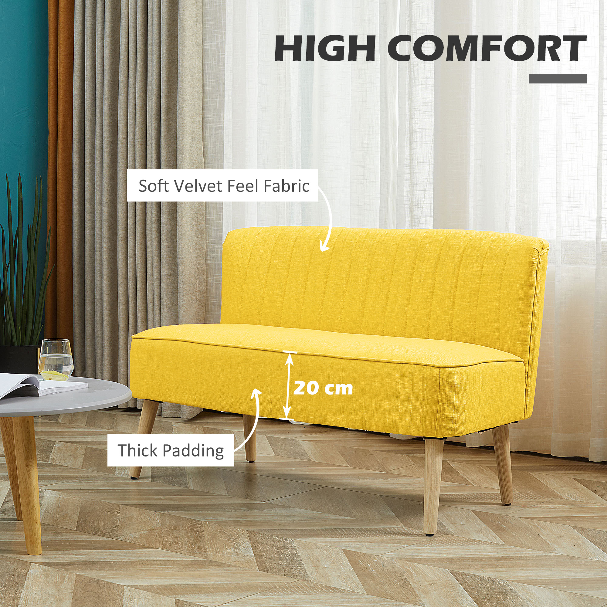 Sofa Retrodesign 2-zitsbank, houten poten, 117 cm x 56,5 cm x 77 cm, Geel