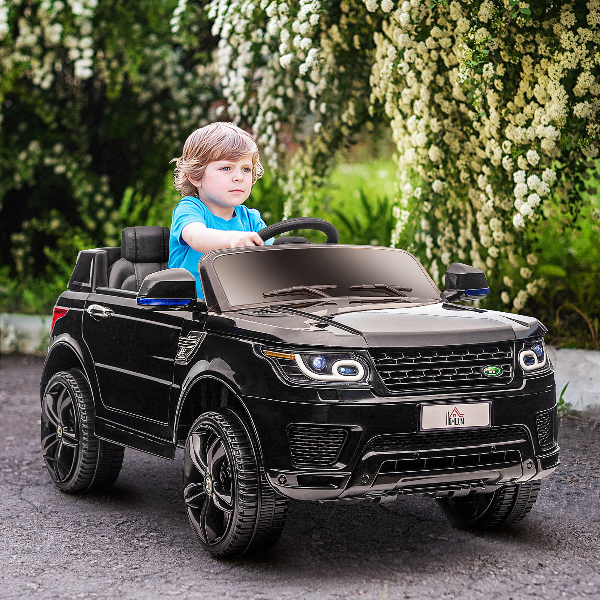 SUV voor elektrische auto's voor kinderen, tot 5 km/u, met veiligheidsgordel, afstandsbediening, koplampen, zwart