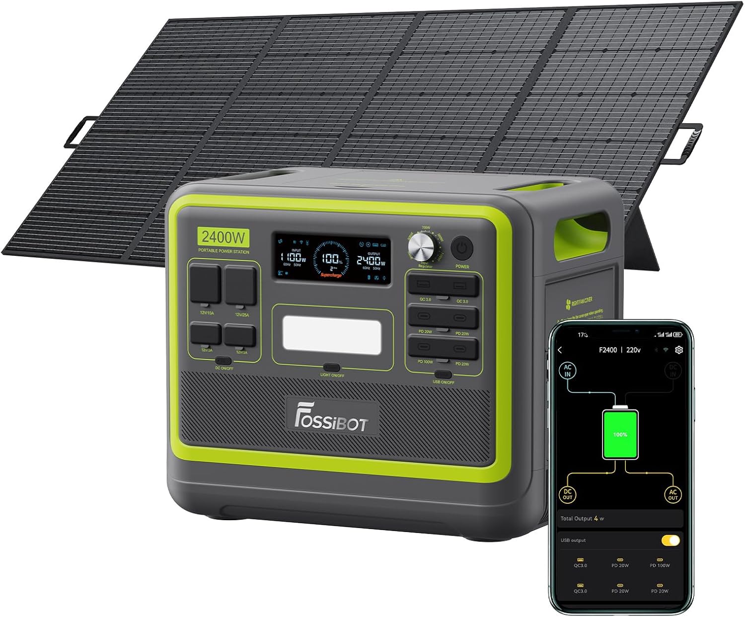 FOSSiBOT F2400 Generatore Elettrico Solare Portatile 2400W, 2048Wh LiFePO4 Batteria di Soccorso con 3 Uscite AC 2400W (4800W Pic), Gruppo Elettrogeno Solare per Campeggio Car